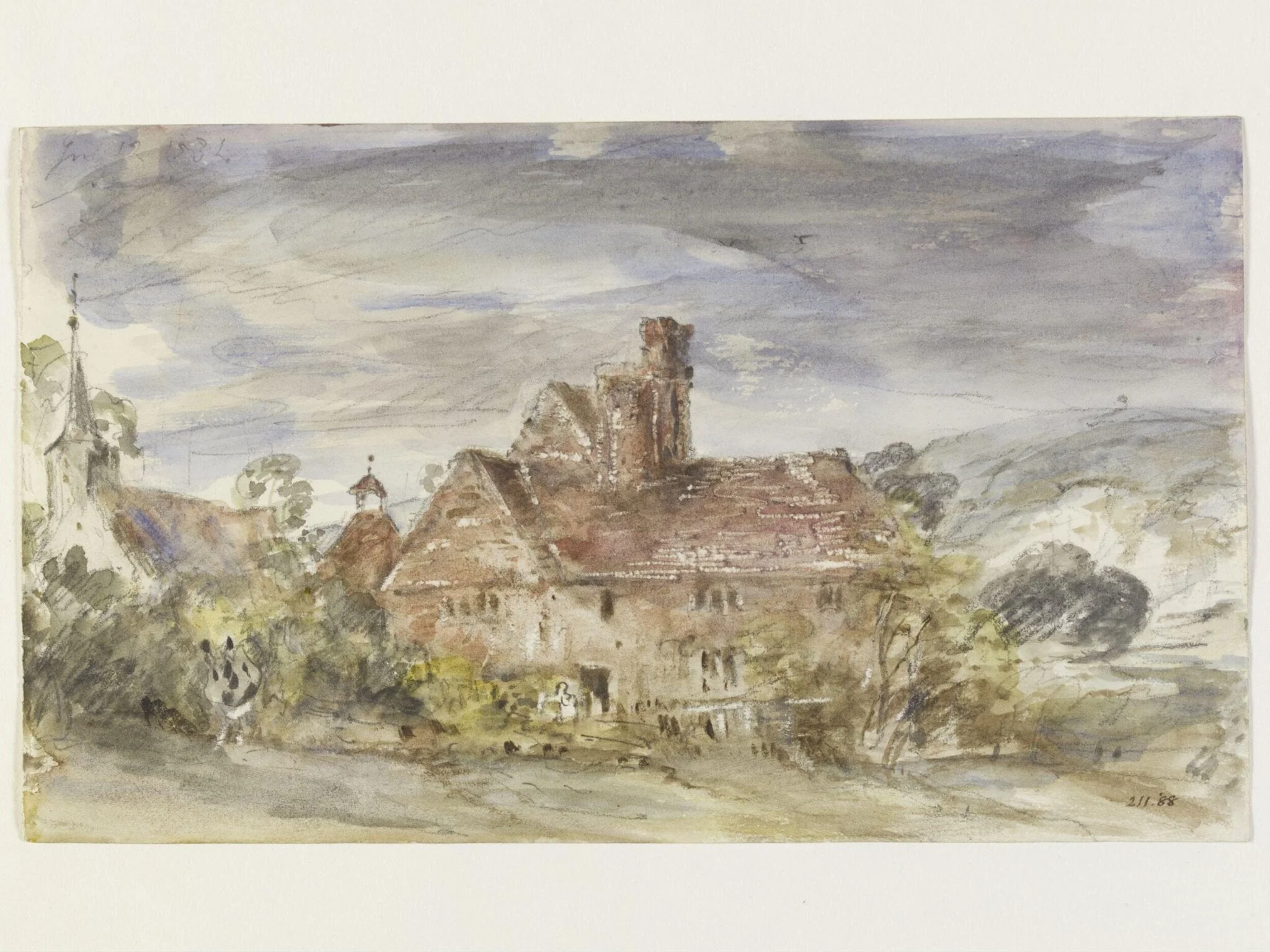 A farmhouse and church at Houghton, Sussex, by John Constable, watercolor, 12