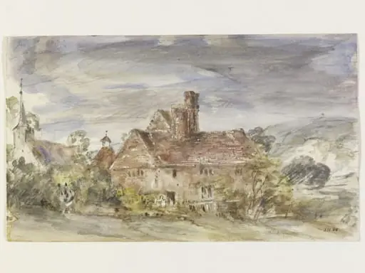 A farmhouse and church at Houghton, Sussex