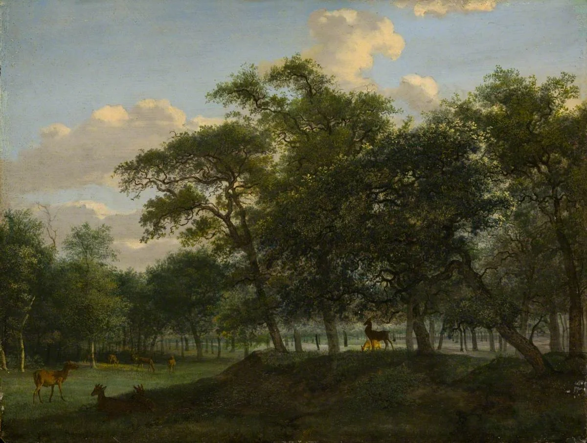 Wooded Park Landscape with Deer, by Jan van der Heyden, unspecified, 1660