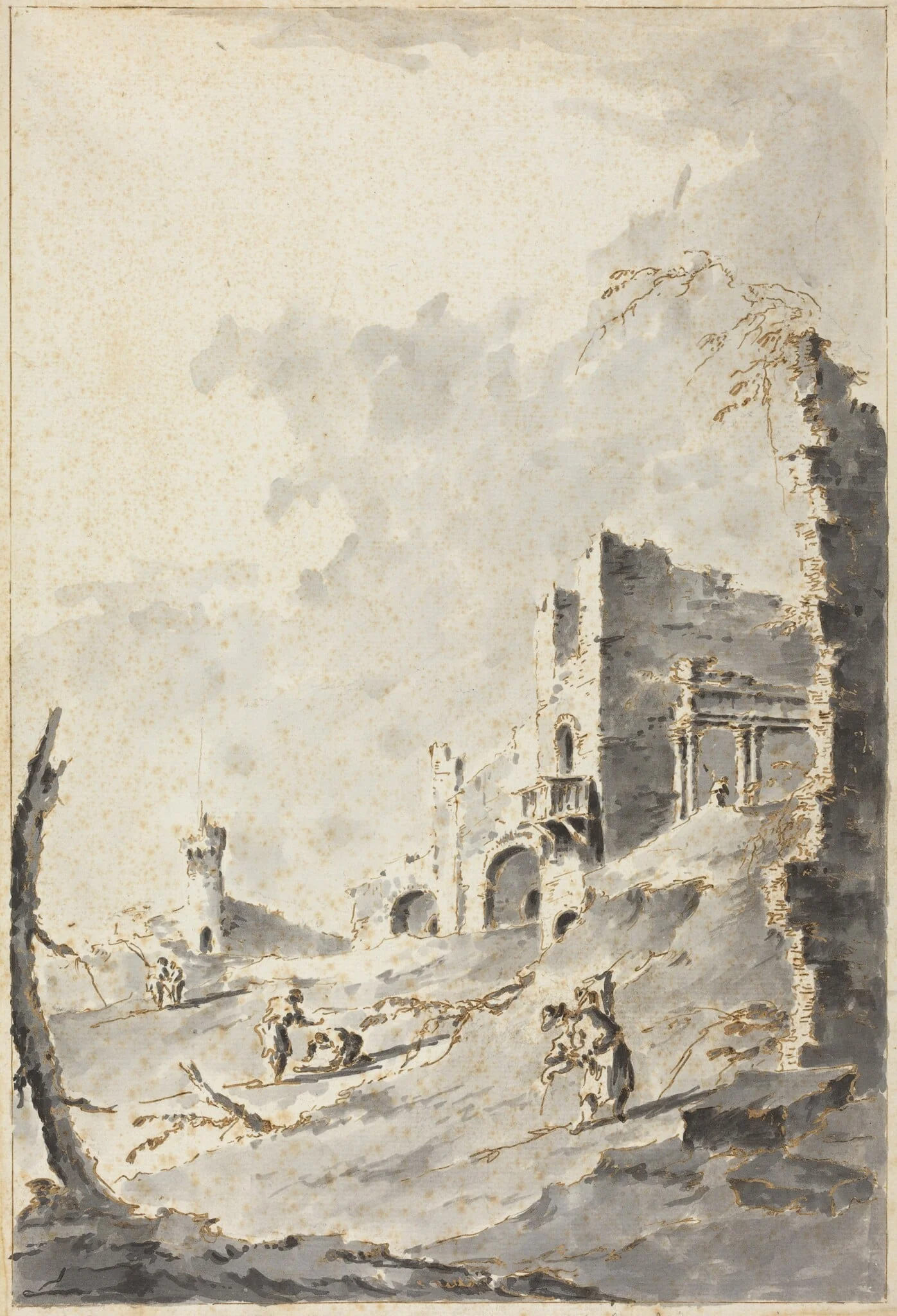 Capriccio of Classical Ruins with a Fortress, by Giacomo Guardi, ink, 1800