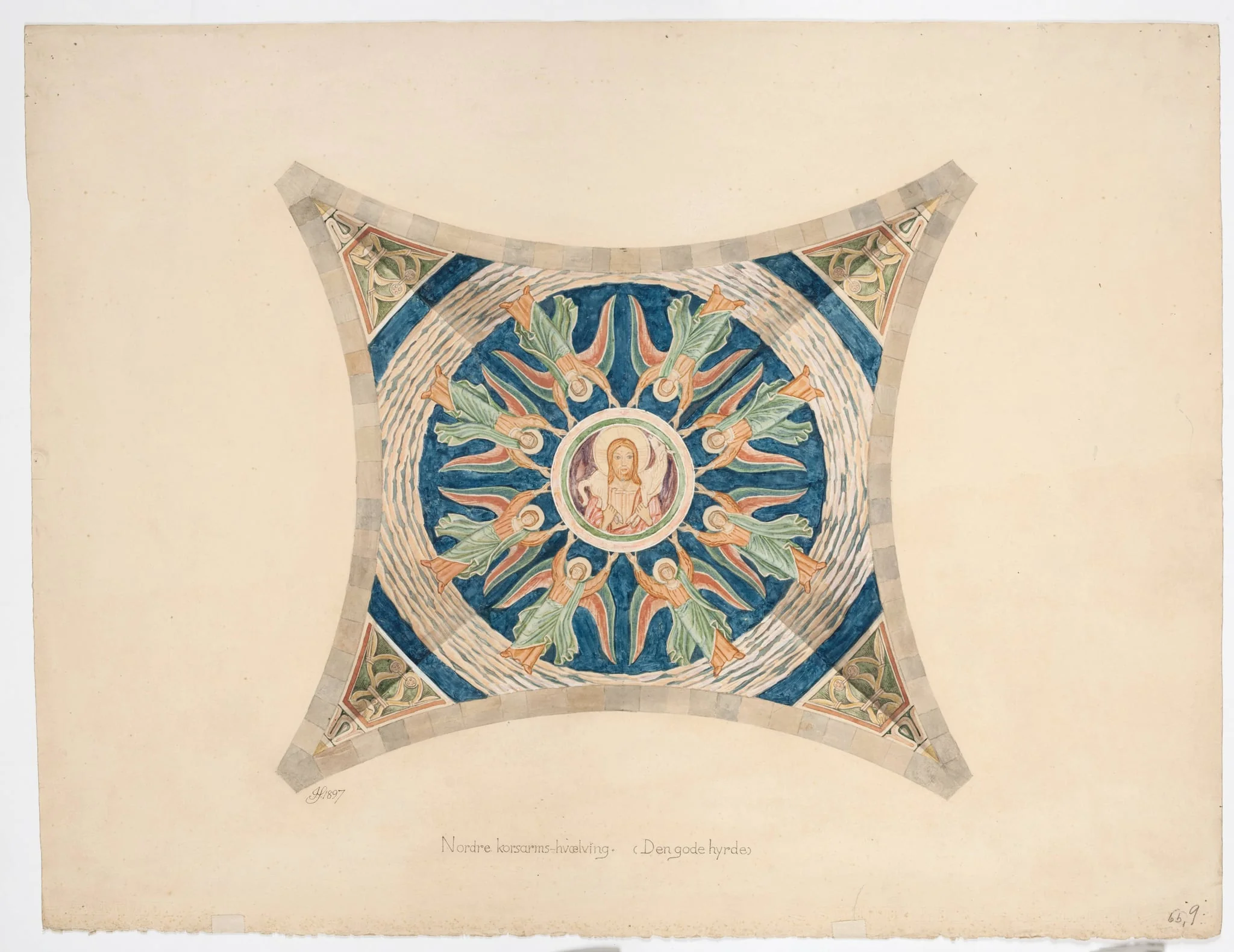 Udkast til freskerne i Viborg Domkirke. Nordre korsarms-hvælvning, by Unknown, unspecified, 1897