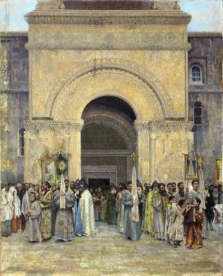 The Departure of the Procession from St. Etchmiadzin Cathedral, by Vardges Sureniants, oil, 1898