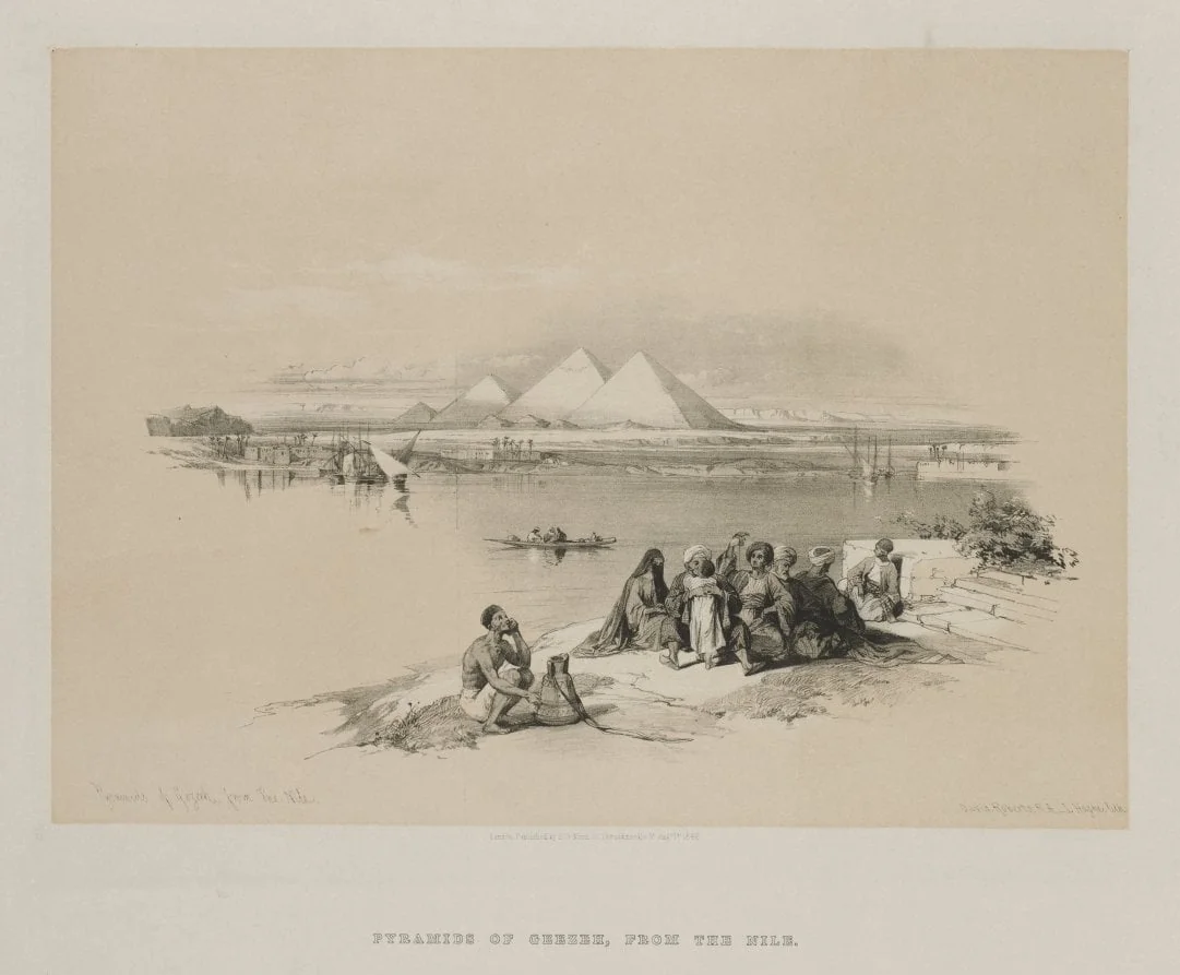 Egypt and Nubia, Volume I: Pyramids of Geezeh, from the Nile, by Louis Haghe, 1846