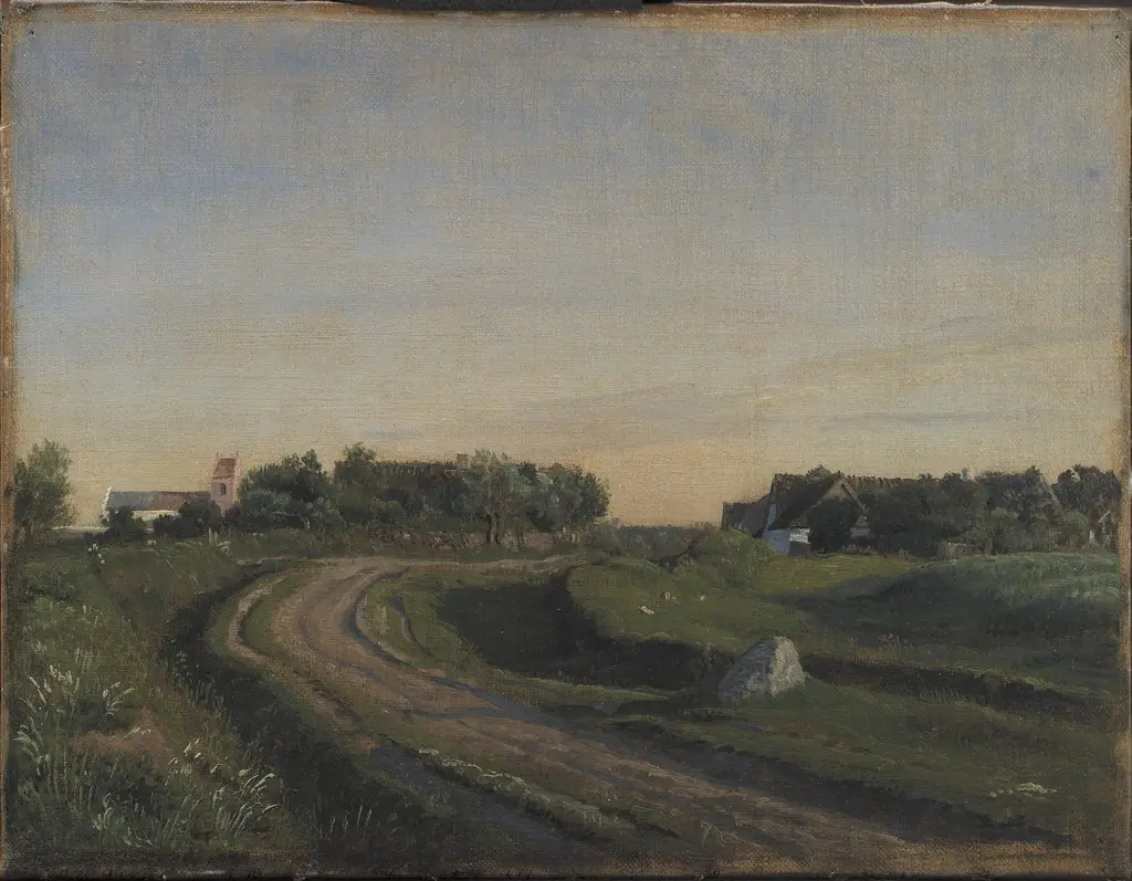 Vejby with the Church seen from the North. Evening Light. Zealand