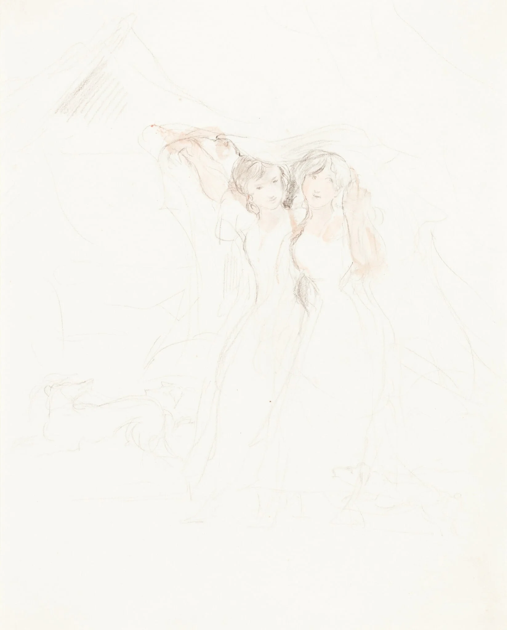 Two Girls under a Cloak, by David, Sir Wilkie, chalk, 1813