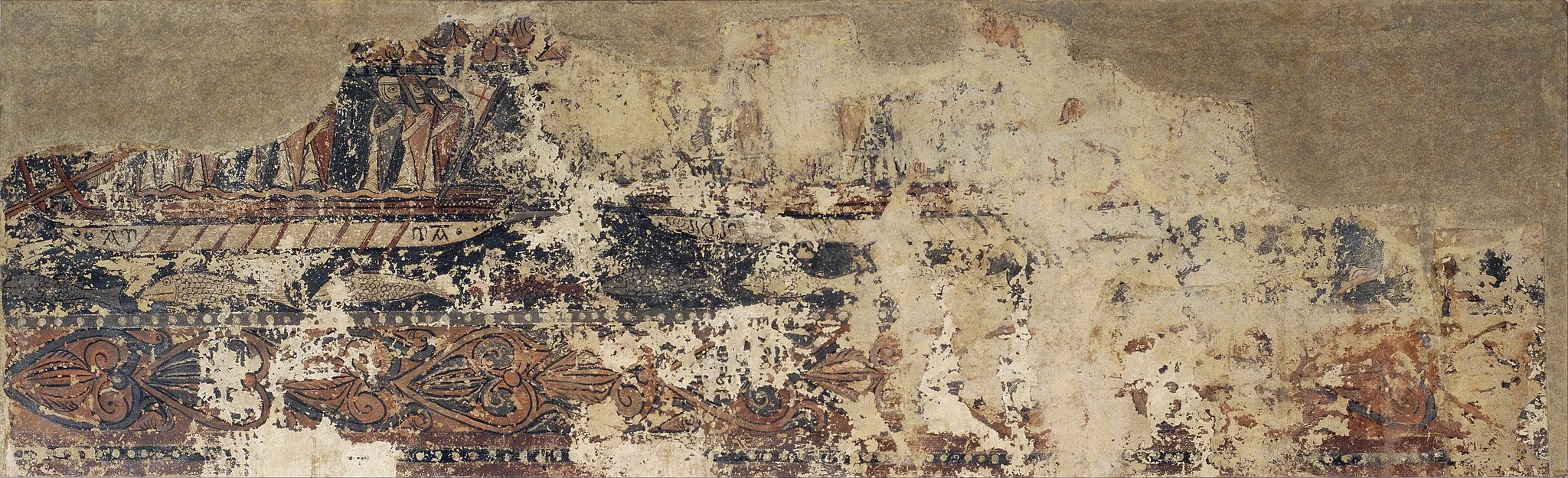 Naval battle between a Christian galley and a Saracen galley, profane paintings from Sigena