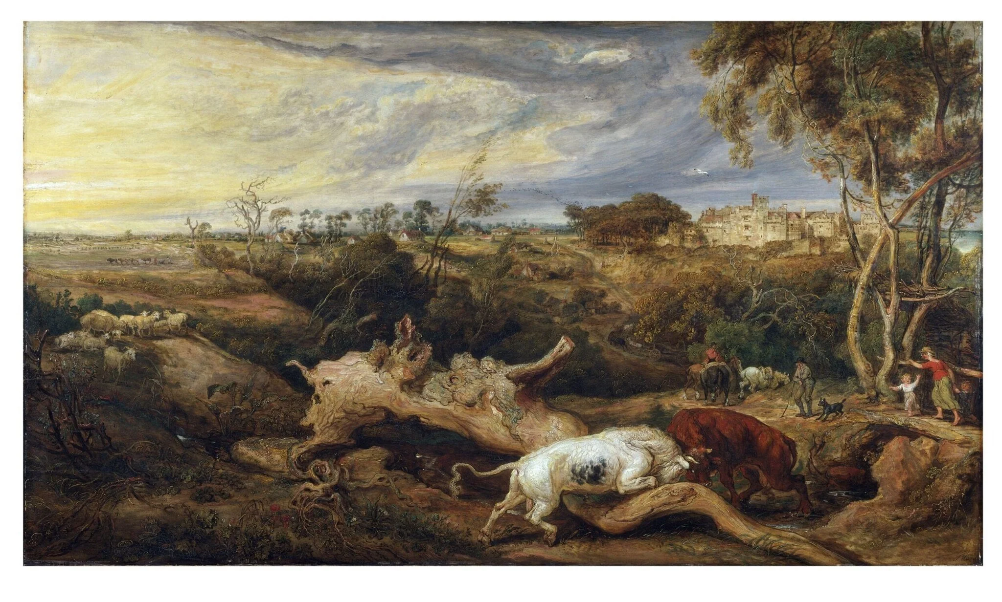 Bulls Fighting, with a View of Donatt's Castle, Glamorganshire, by James Ward, oil, 1803