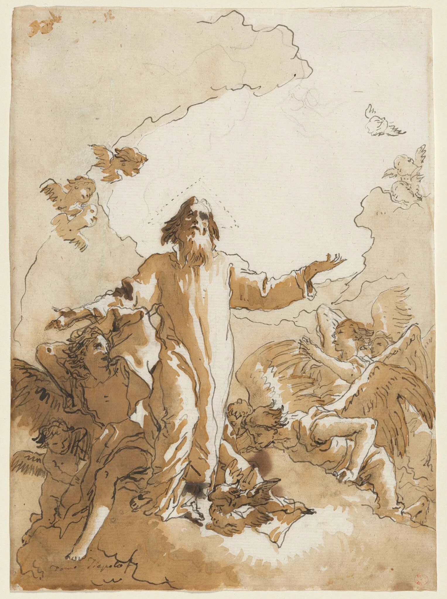 God the Father Standing in Clouds Surrounded by Angels and Putti, by Giovanni Domenico Tiepolo, ink, 1774
