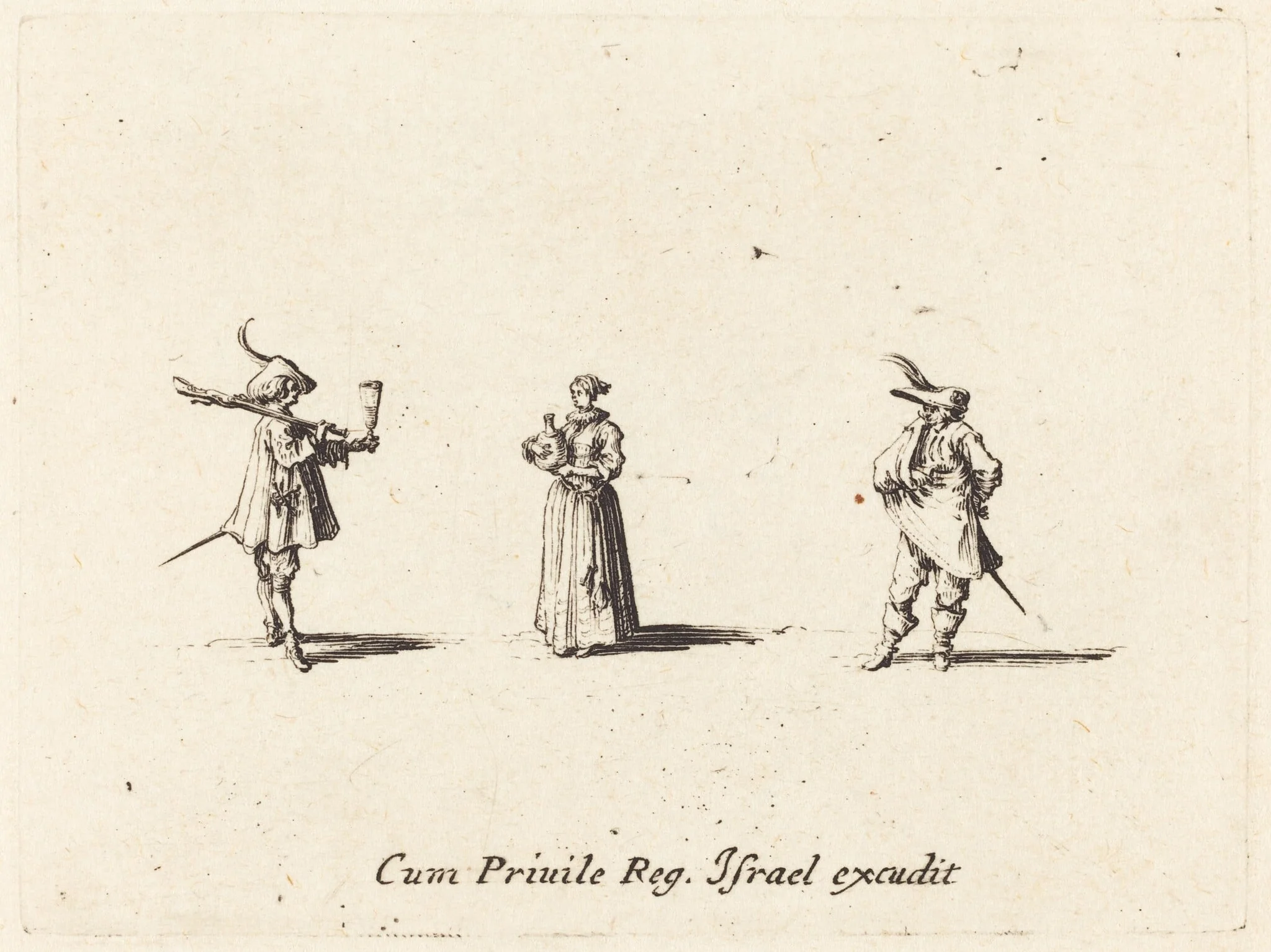 Lady with Wine Bottle, and Two Gentlemen, by Jacques Callot, ink, 1634