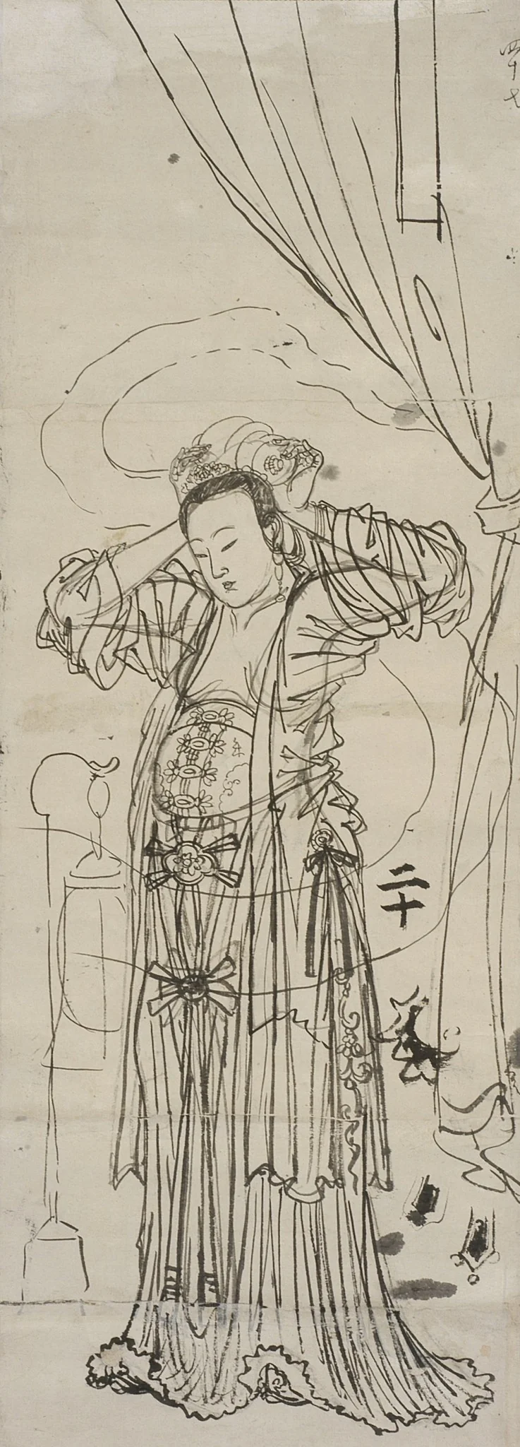 Yang Guifei Adjusting her Hair, by Kawanabe Kyōsai 河鍋暁斎, unspecified, 1850