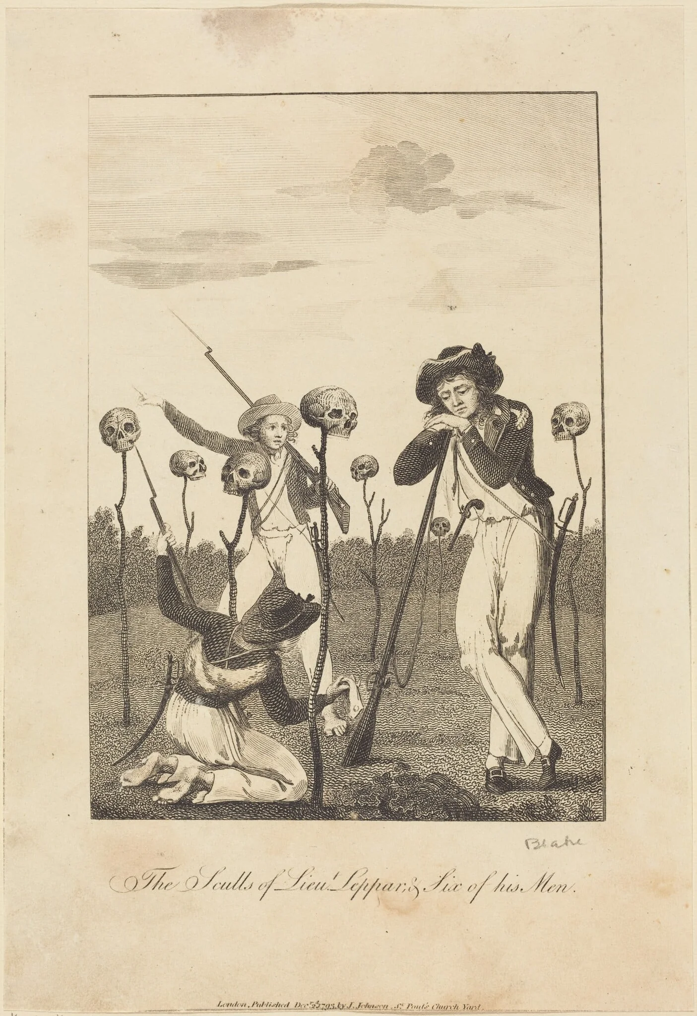 The Sculls of Lieut Leppar, & Six of his Men, by William Blake, ink, 1793