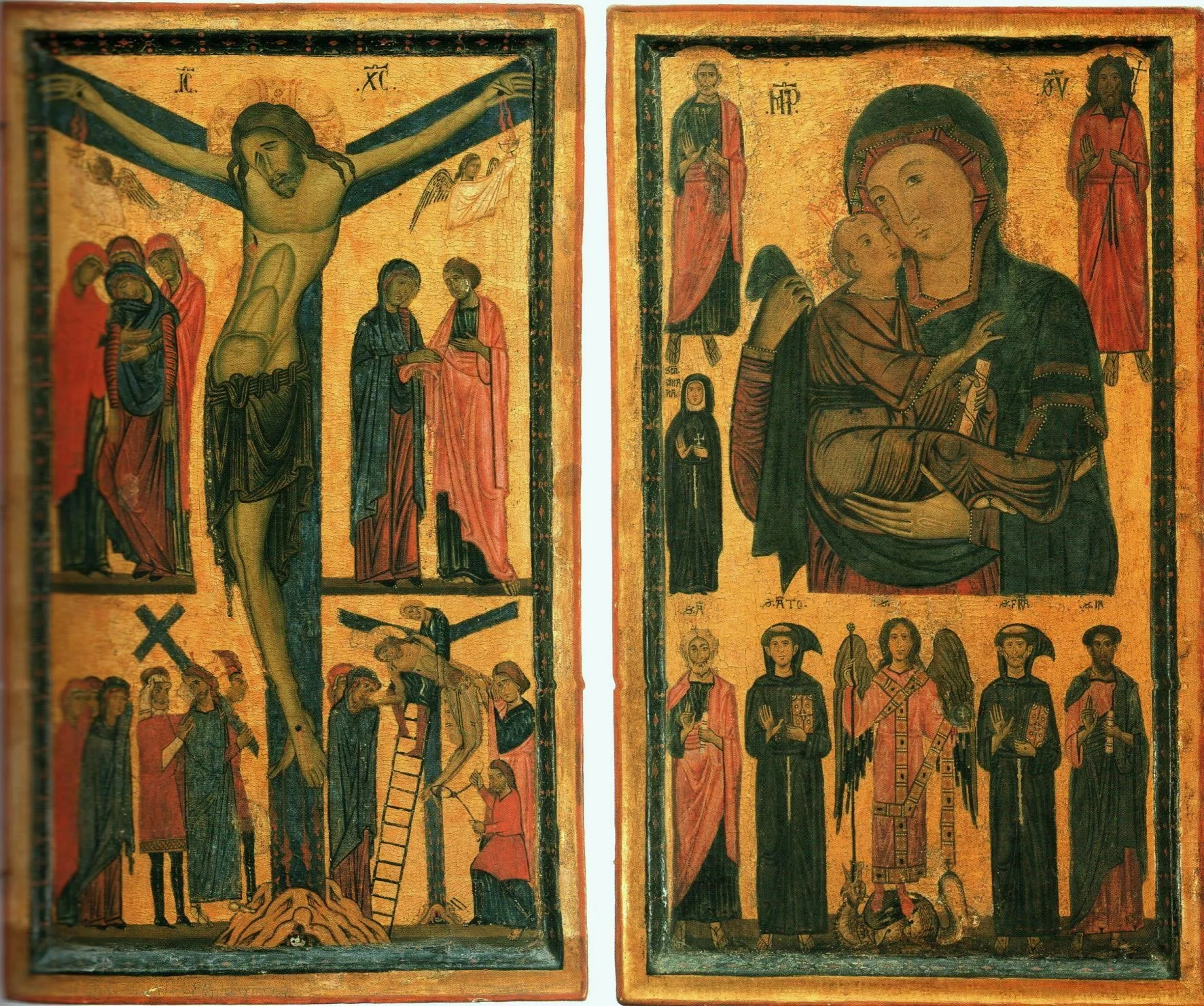 Diptych of crucifixion and Madonna and Child
