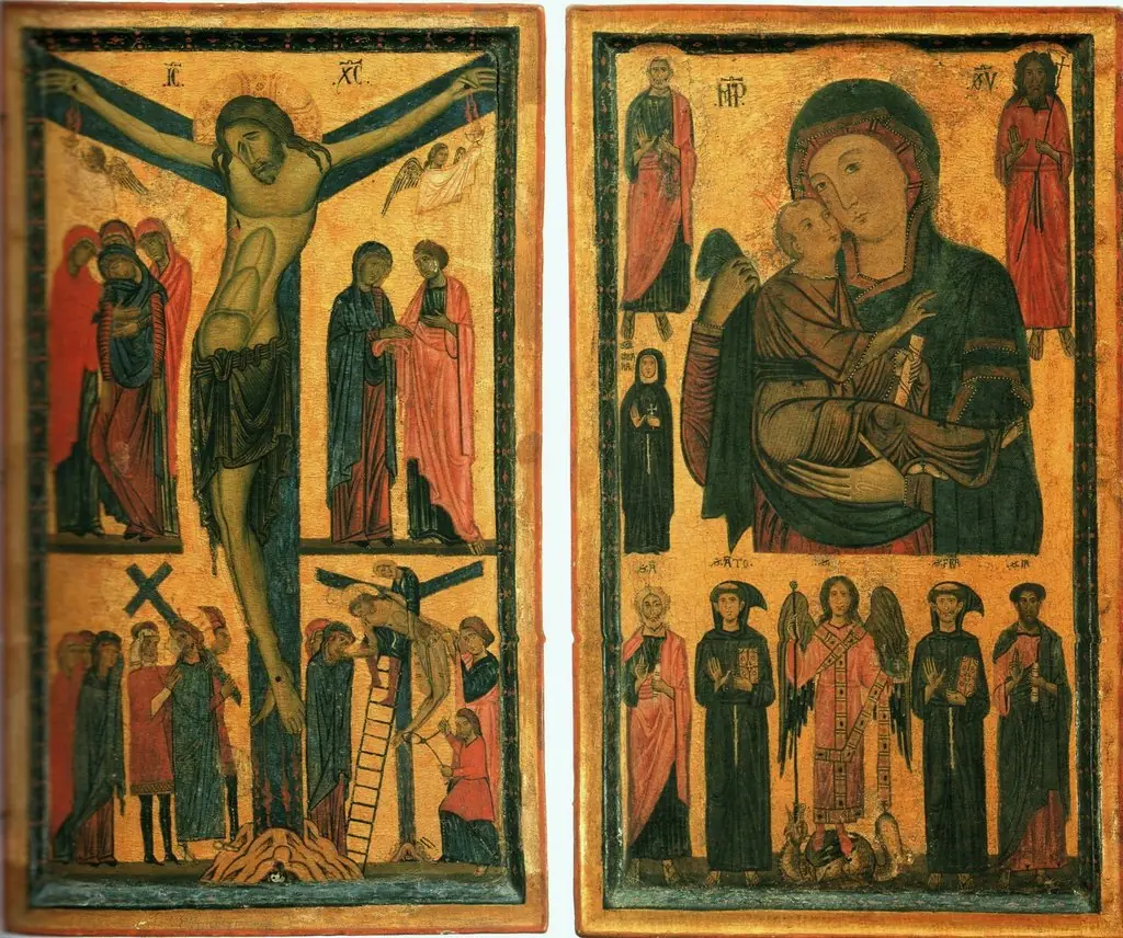 Diptych of crucifixion and Madonna and Child
