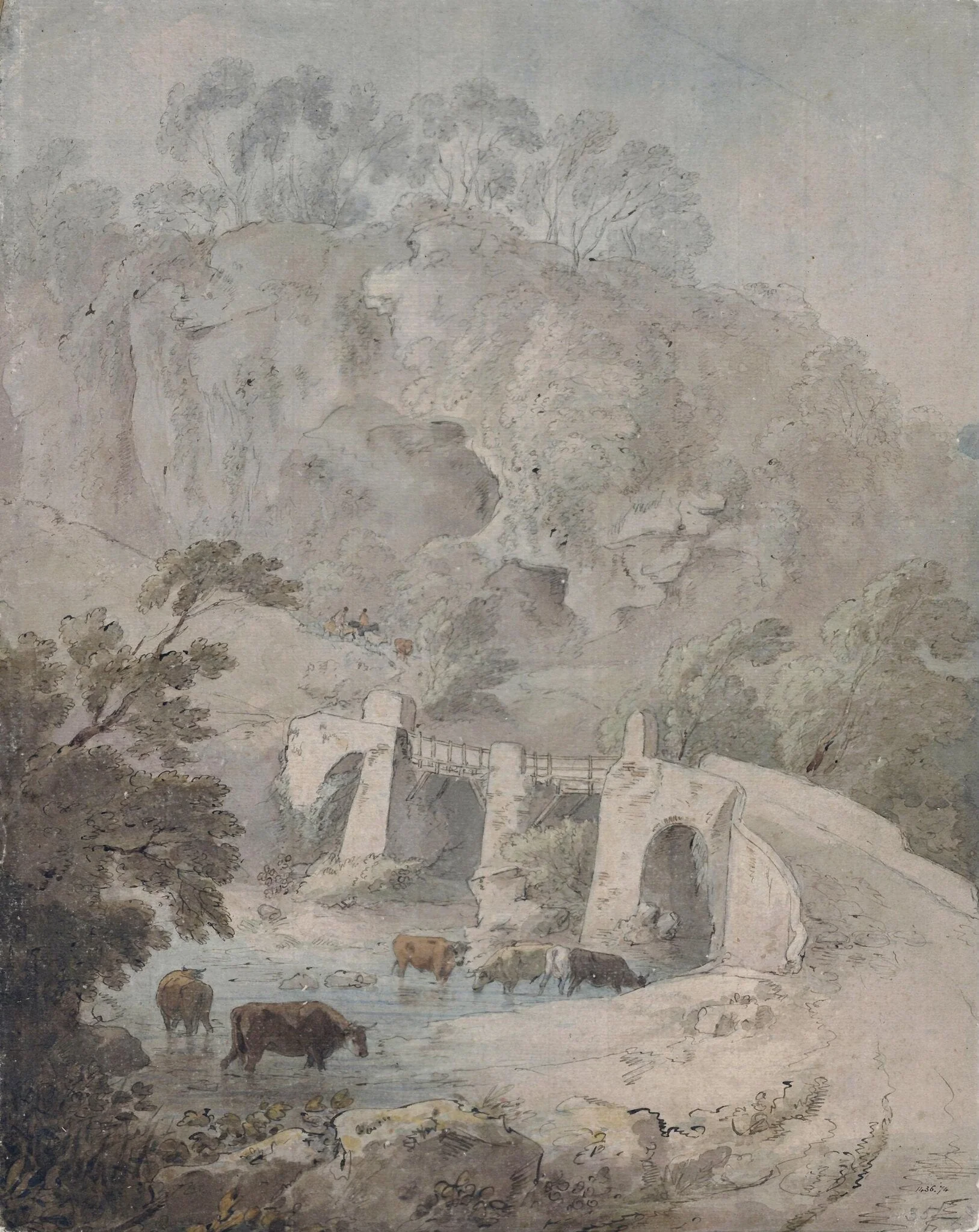 Cattle in a Stream: Bridge and Rocks, by Thomas Gainsborough, watercolor, 1755