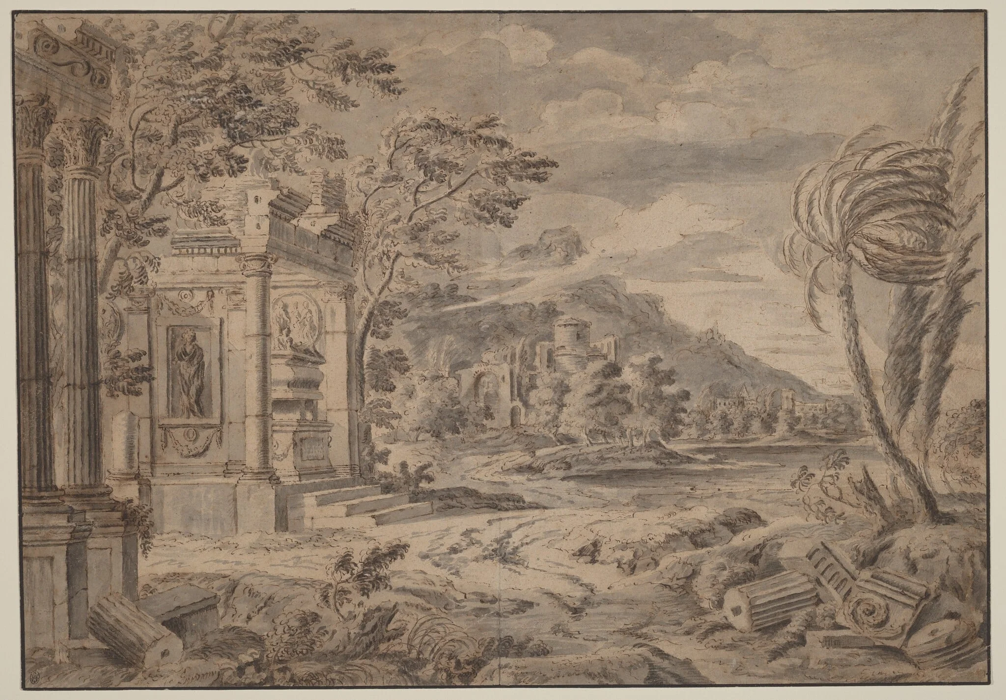 Antique Ruins along a Mountain Coast, by Johann Franciscus Ermels, ink, 1674