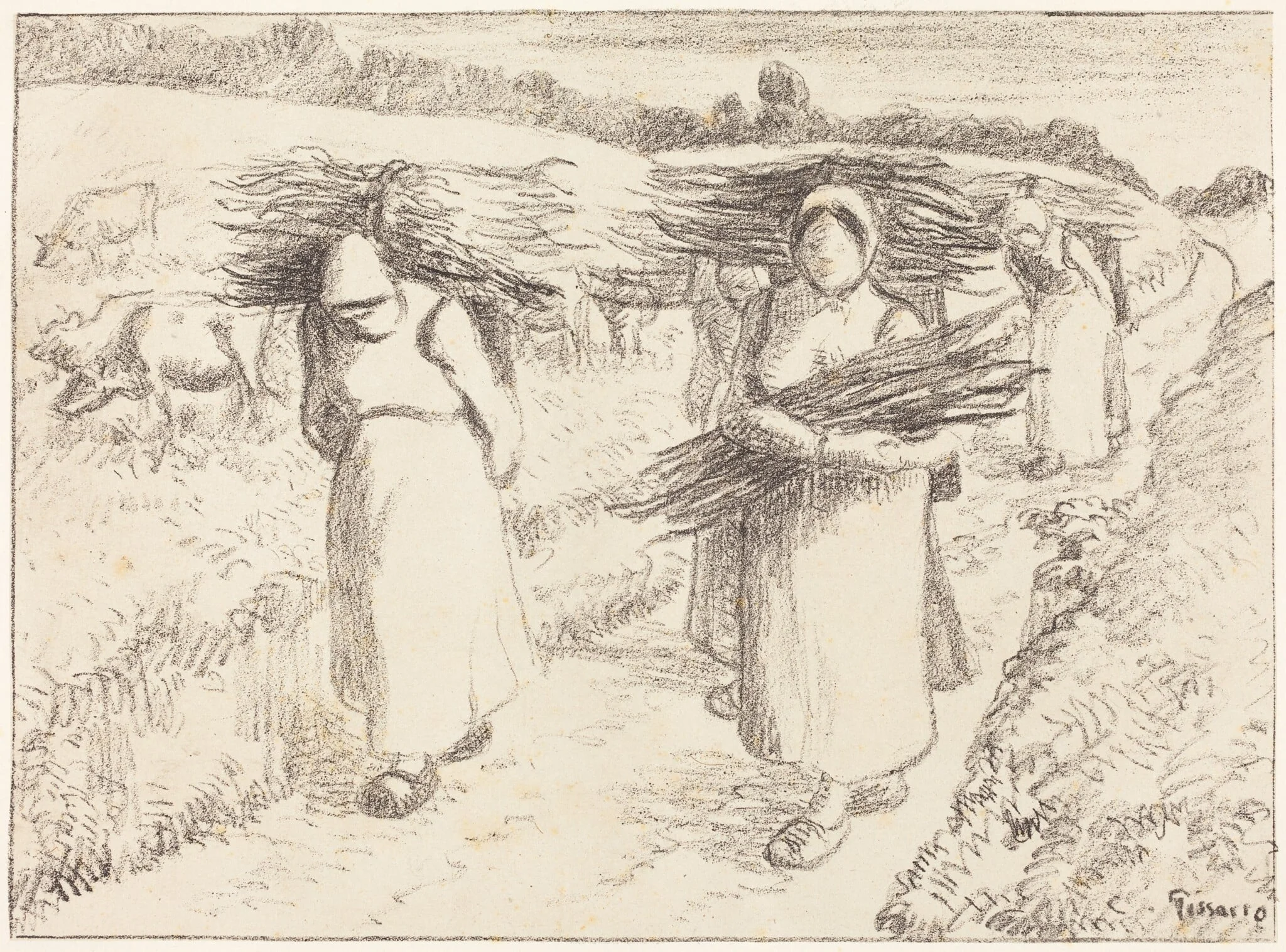 Peasants Carrying Sticks (Paysannes portant des fagots), by Camille Pissarro, ink, 1896