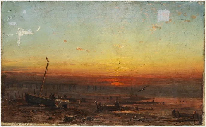 A Boat and Breakwater by the Seashore at Sunset