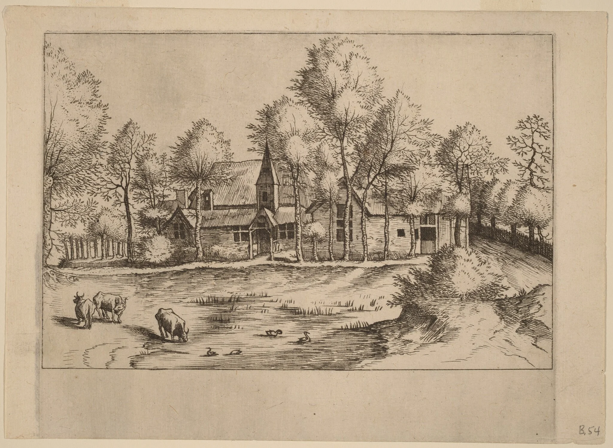 Country Village with Church, by Lucas van Doetechum, ink, 1560