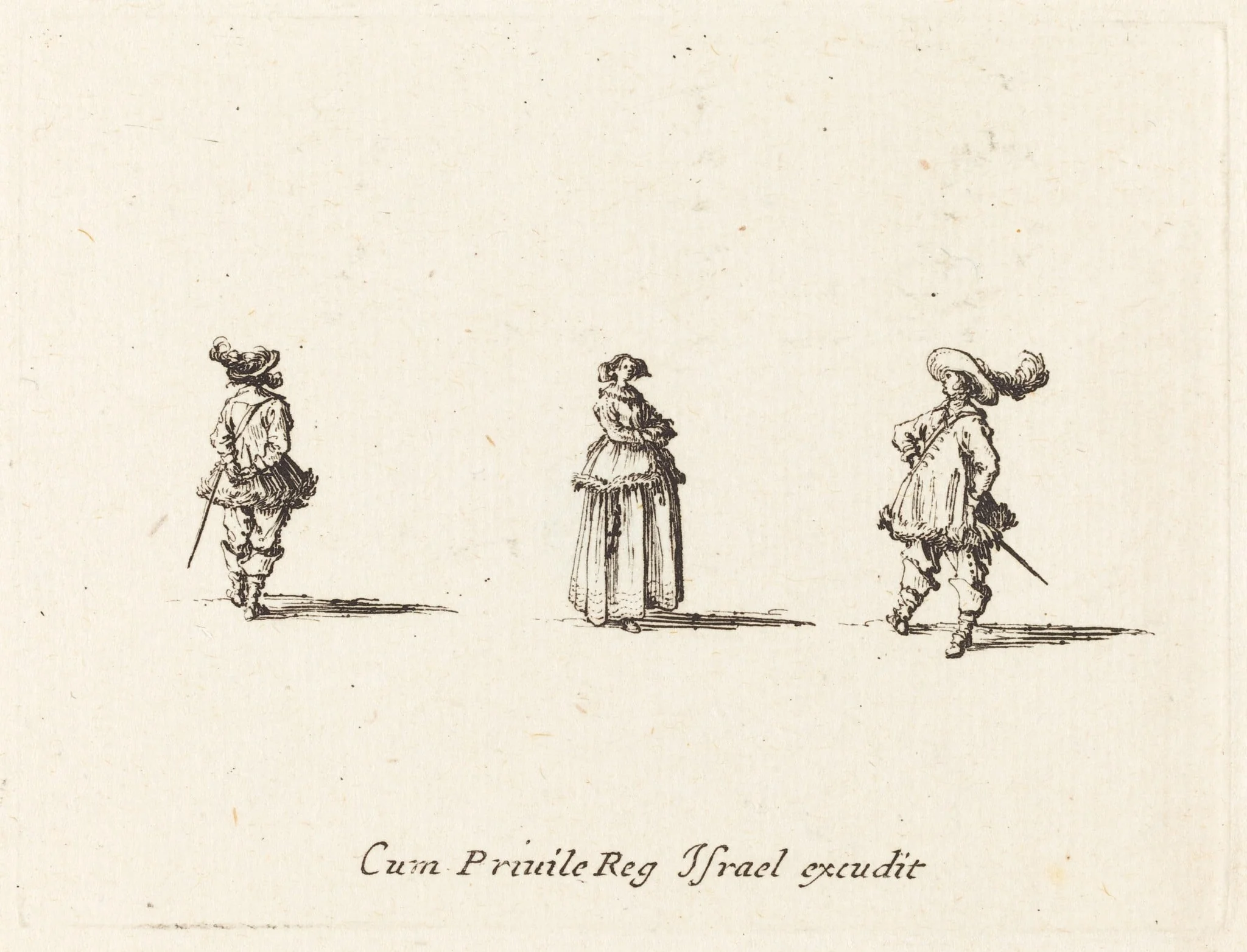Lady with Arms Folded, and Two Gentlemen, by Jacques Callot, ink, 1634