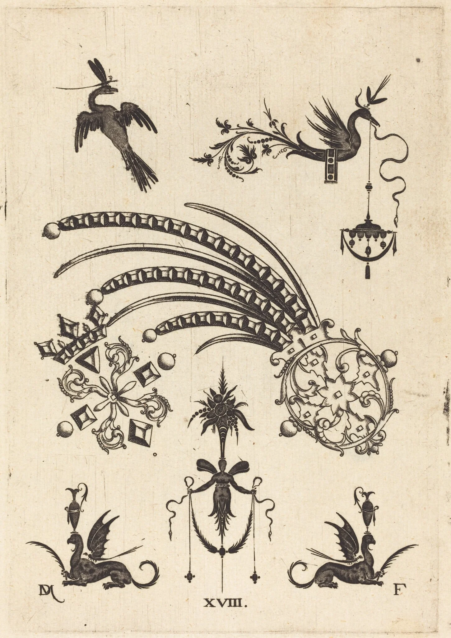 Two Brooches with Bird and Winged Snake at Top and Griffins with Vases at Bottom
