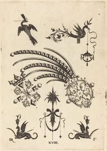 Two Brooches with Bird and Winged Snake at Top and Griffins with Vases at Bottom