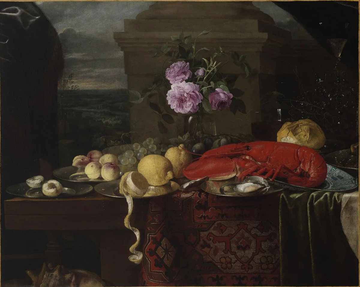Still Life with Lobster, Fruit, and Roses, by Jan van den Hecke, oil, 1645