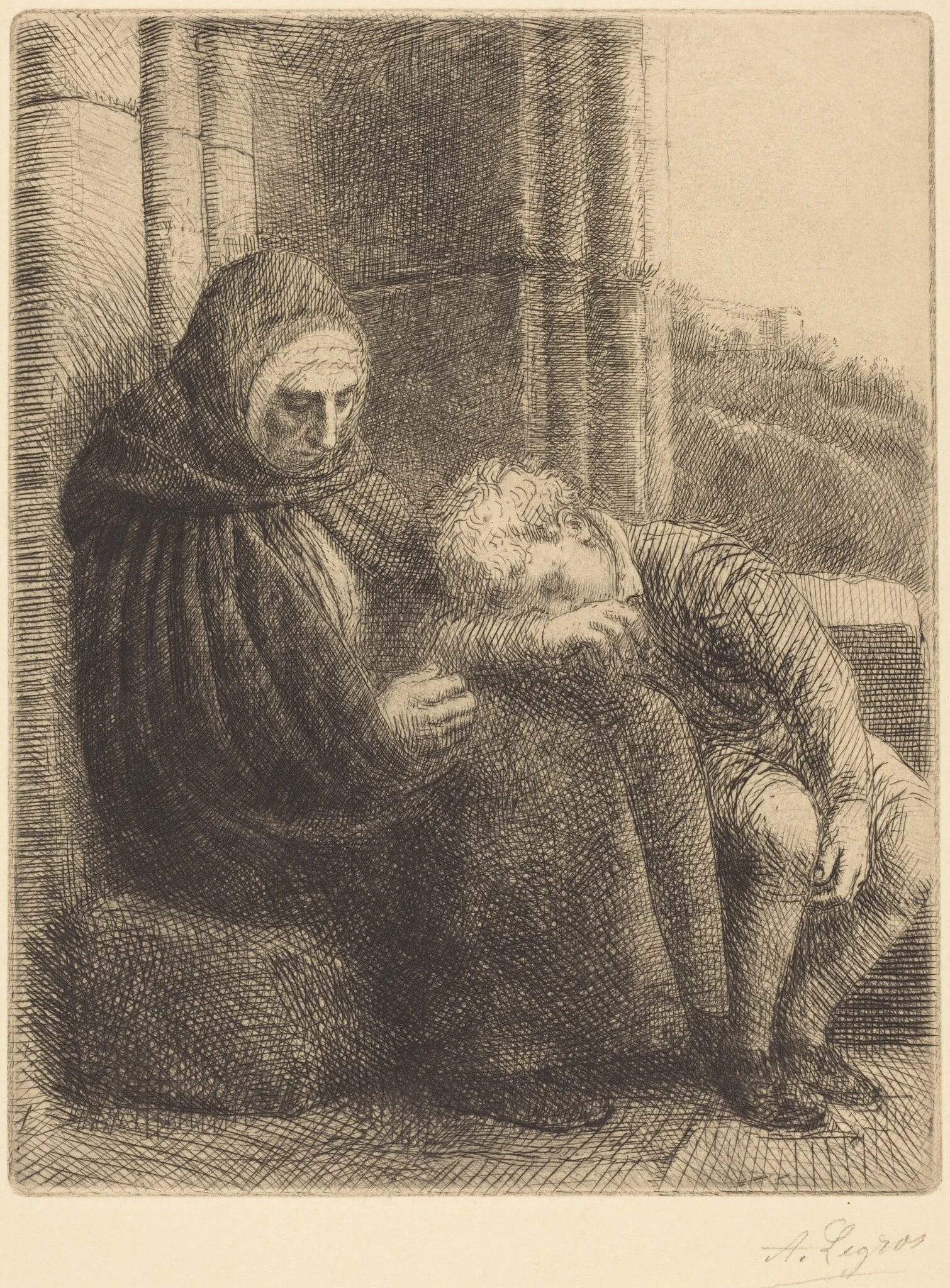 Woman Seated against a Wall, Child with His Head in Her Lap (Femme assise, muraille au fond, enfant la tete dans son giron, by Alphonse Legros, ink, 1874