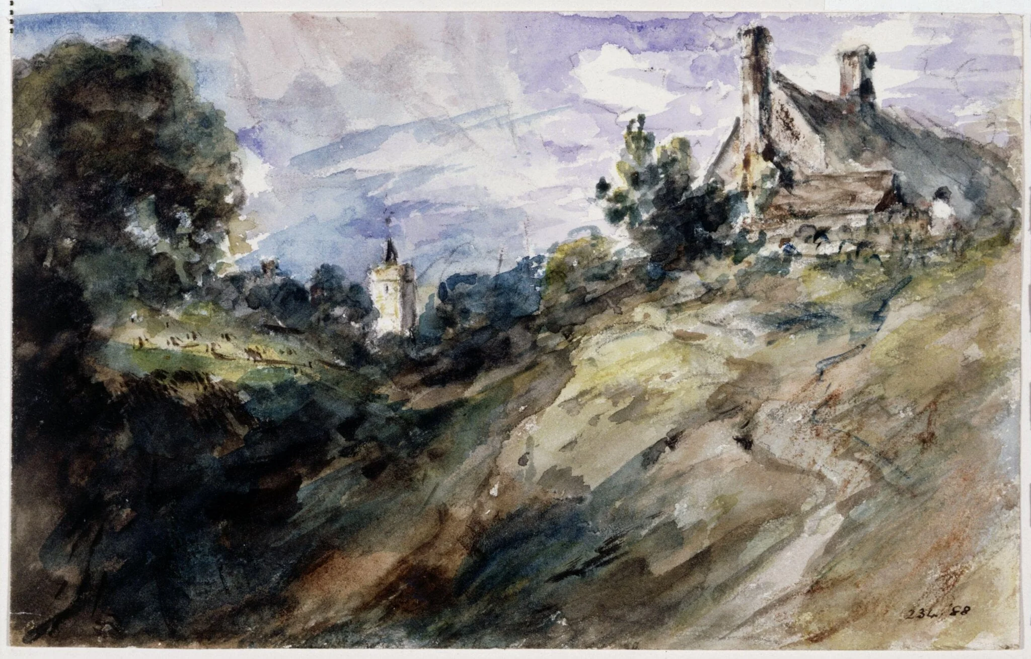 Cottages on a high bank, by John Constable, watercolor, 1834