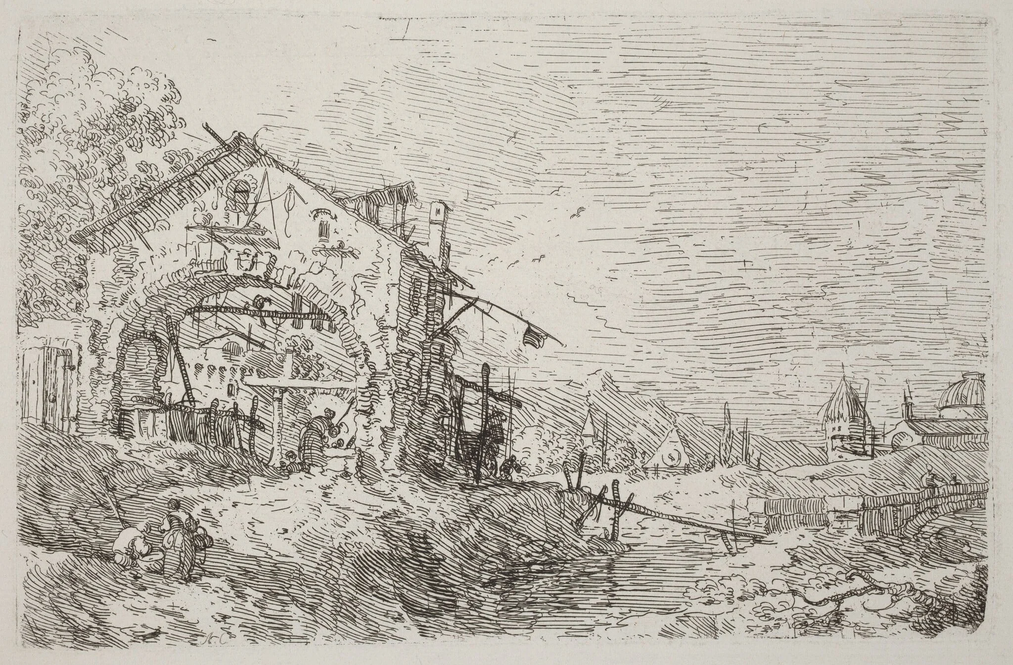 Landscape with a Woman at a Well [lower left], by Canaletto, ink, 1740