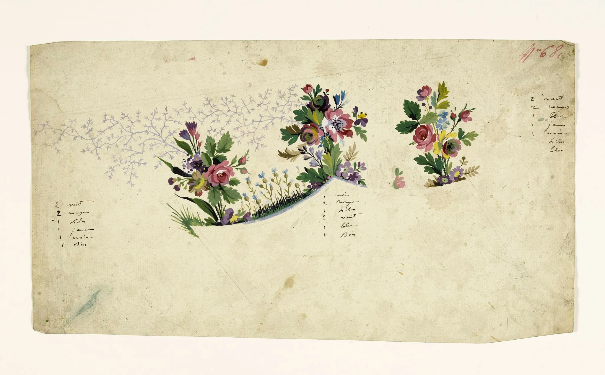 Composition florale en bouquets et bandes de gazon, projets de broderies de gilet, XVIIIème siècle