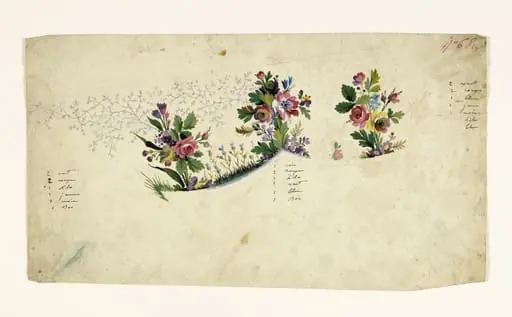 Composition florale en bouquets et bandes de gazon, projets de broderies de gilet, XVIIIème siècle
