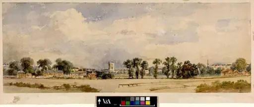View from Gore Lane, Kensington, showing Holy Trinity Church, Brompton