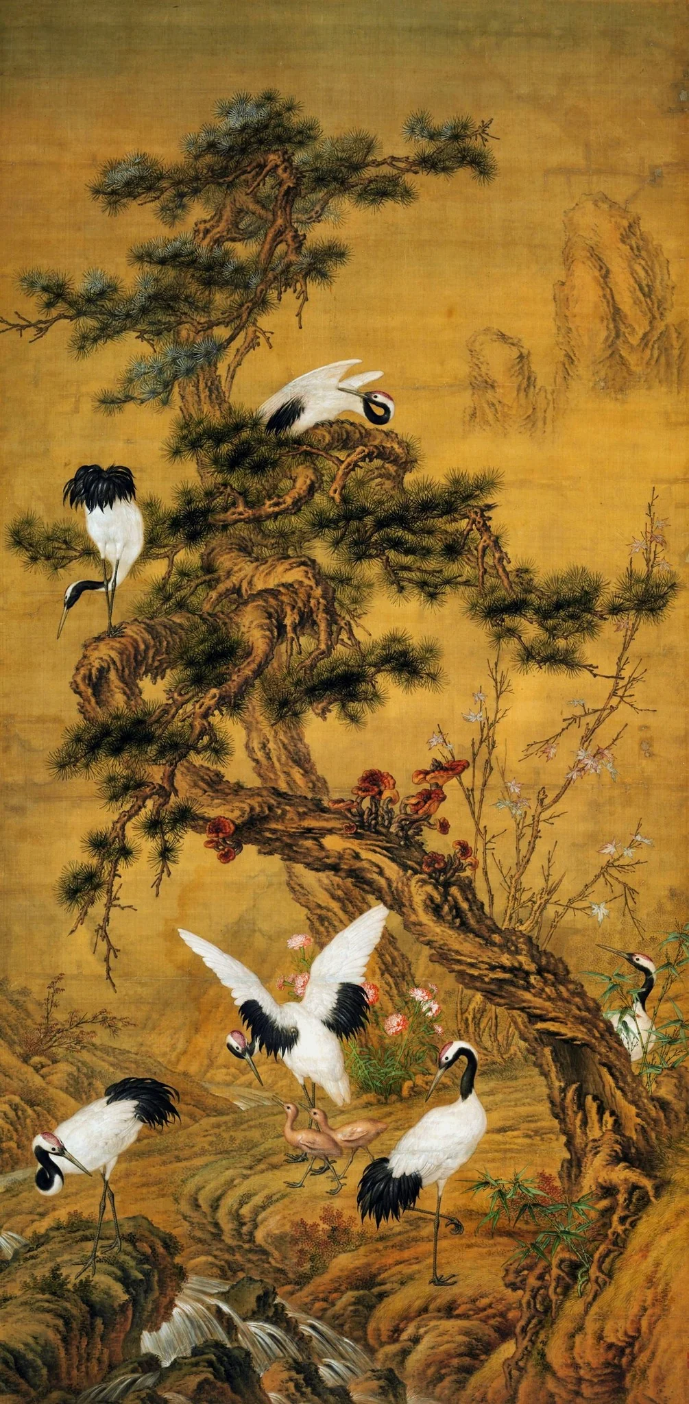 Pines and cranes in spring.