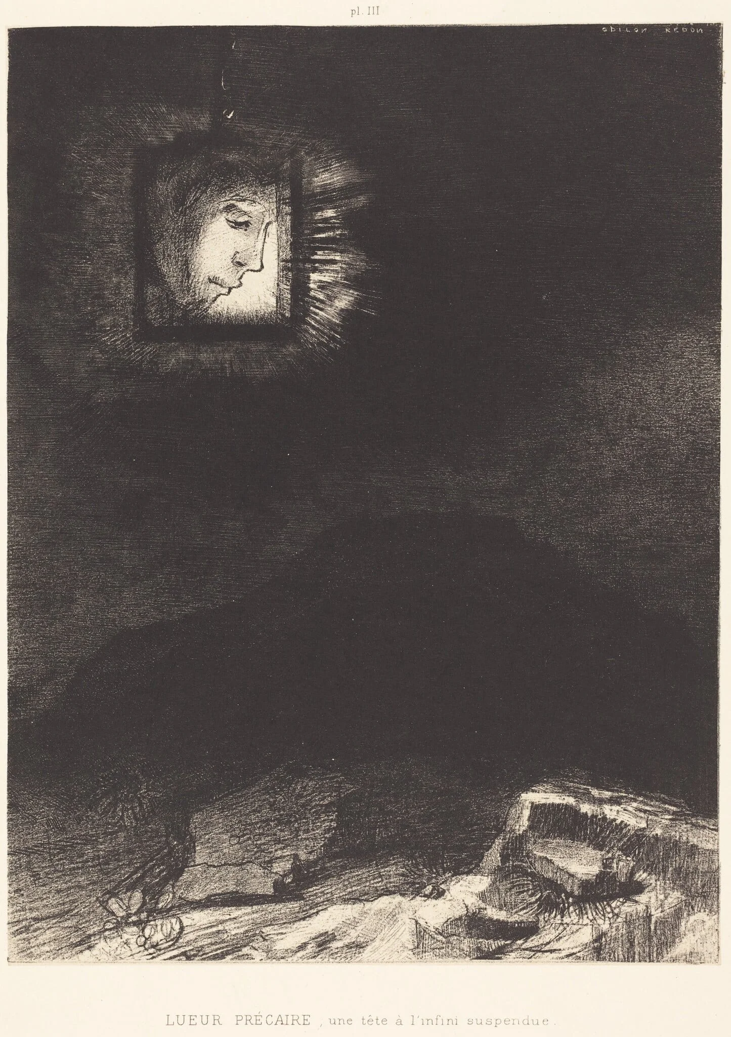 Lueur precaire, une tete a l'infini suspendue(Precarious glimmering, a head suspended, by Odilon Redon, ink, 1891