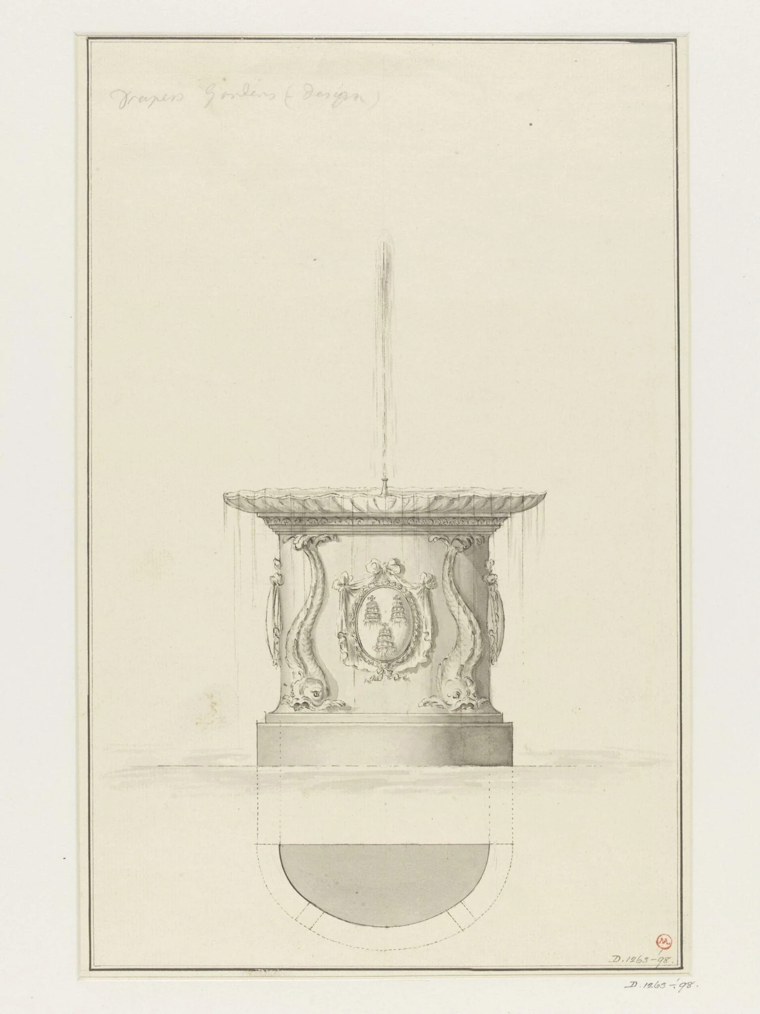 Drawing of fountain in Draper's Gardens, by Unknown, 1750