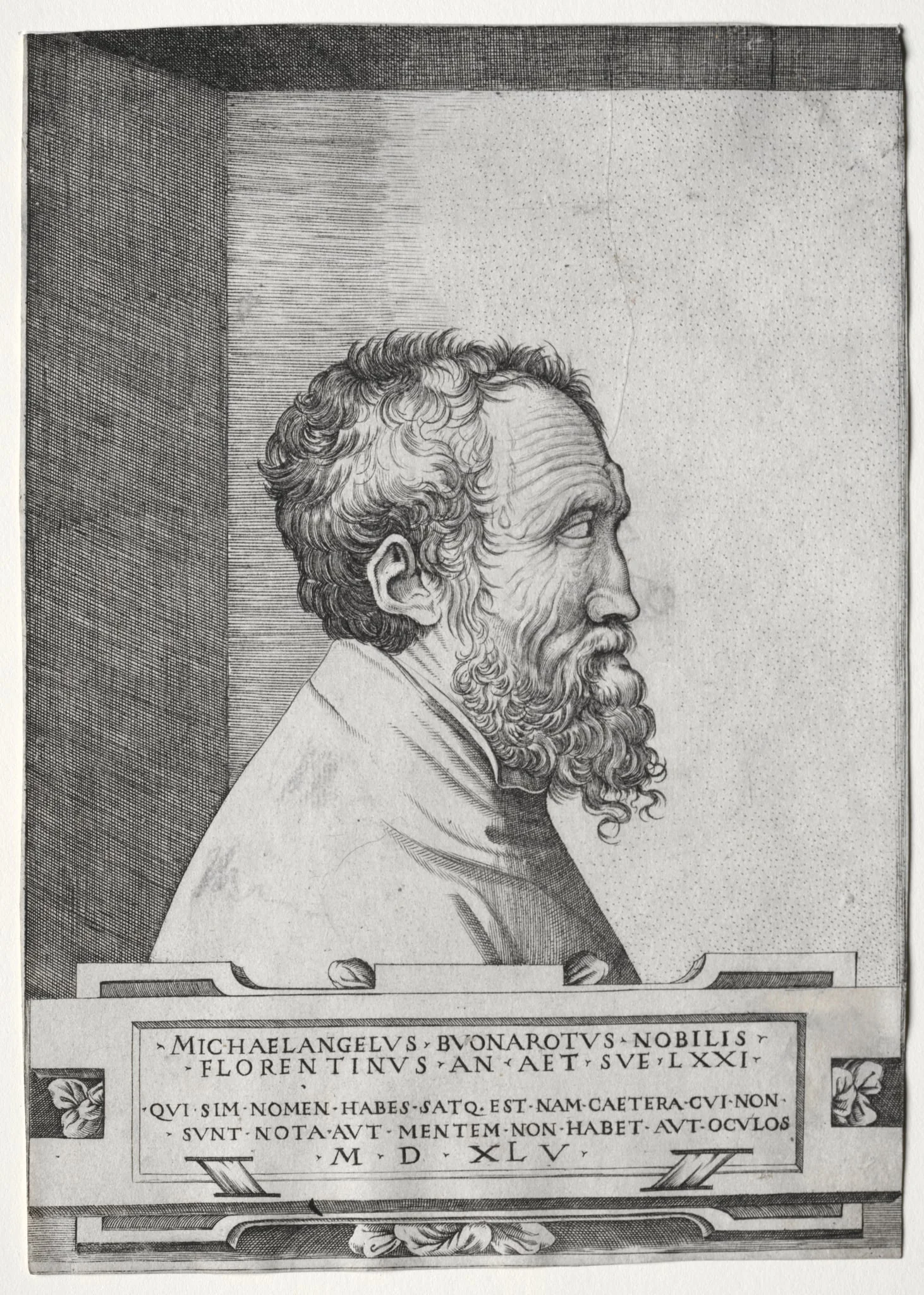 Portrait of Michelangelo in profile facing right, by Giulio Bonasone, 1550