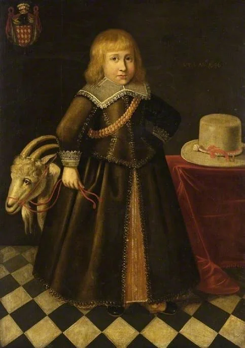 Portrait of a child with a toy goat, by Unknown, oil, 1646