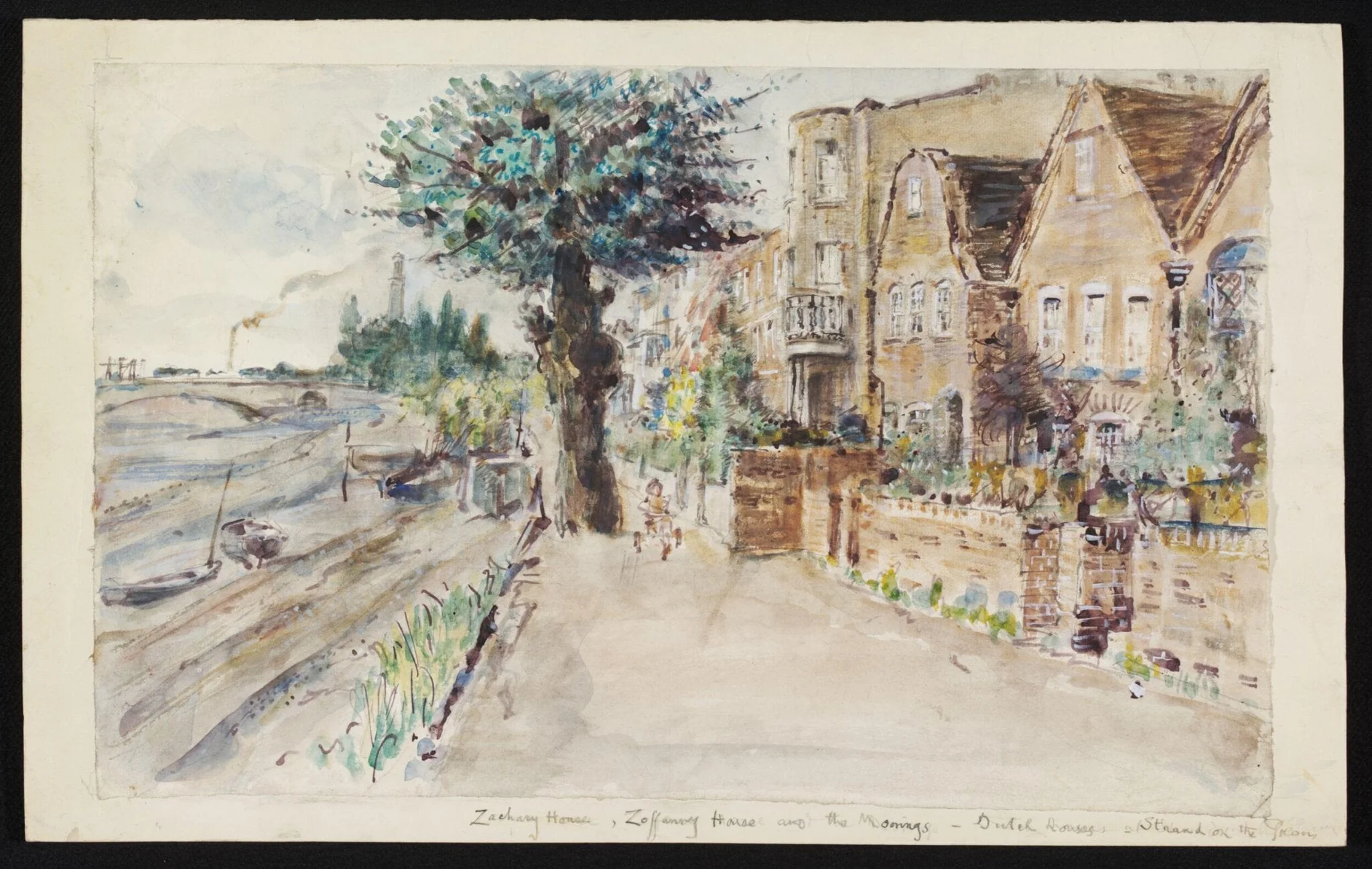 Zachary House, Zoffany House and the Moorings, Strand-on-the-Green, Chiswick, by Archibald Standish Hartrick, watercolor, 1940
