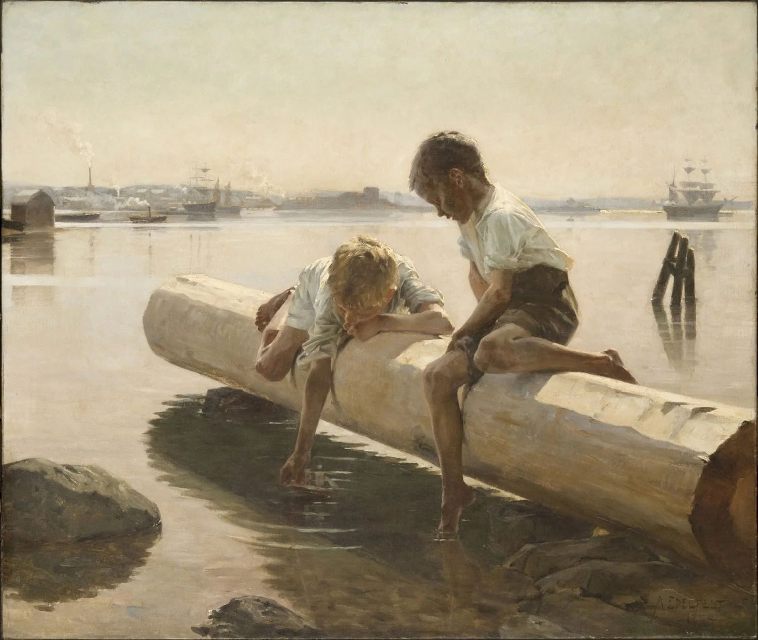 Two Boys on a Log (The Little Boat), by Albert Edelfelt, oil, 1892