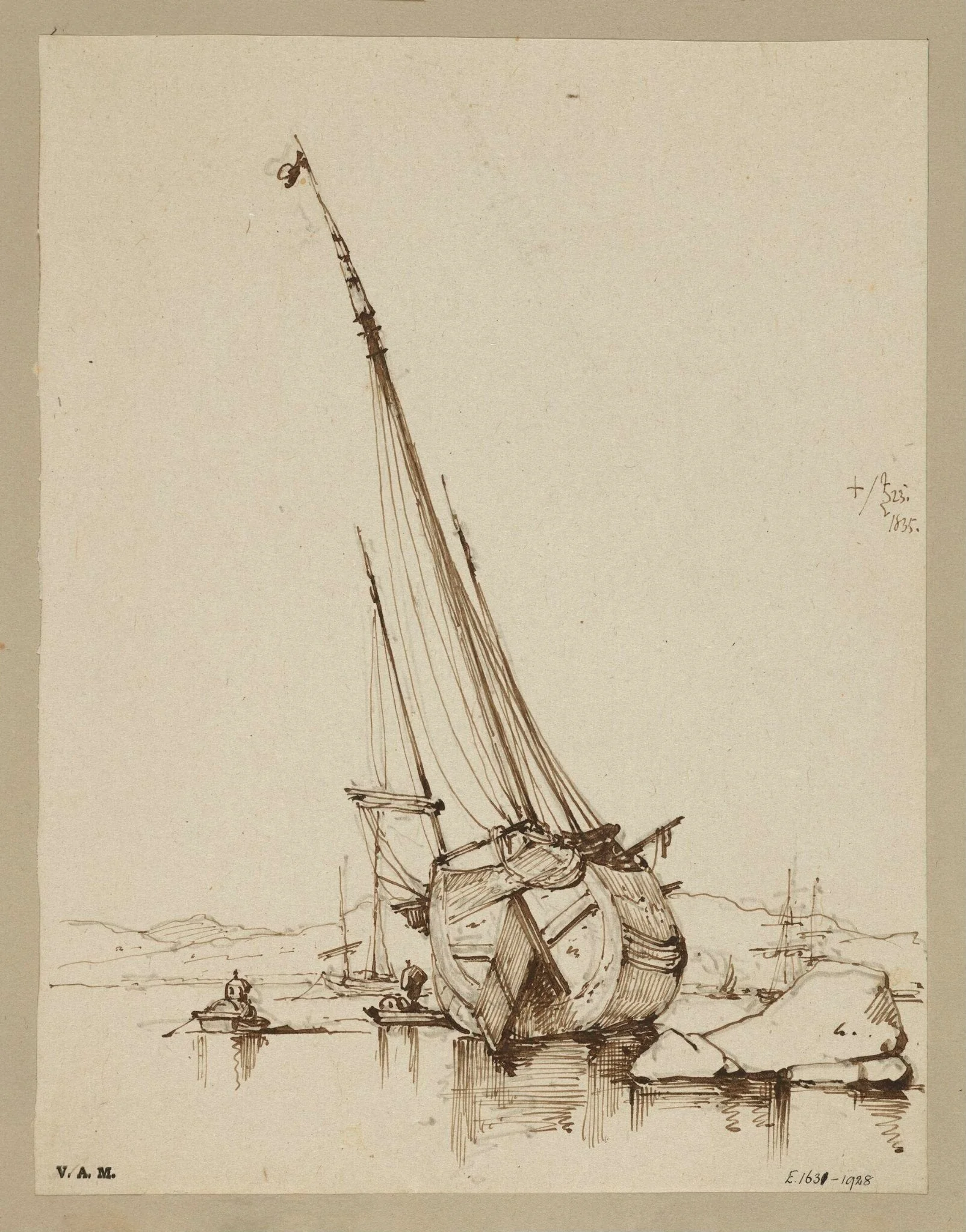 A junk grounded in shallow water, Macau, by George Chinnery, 16