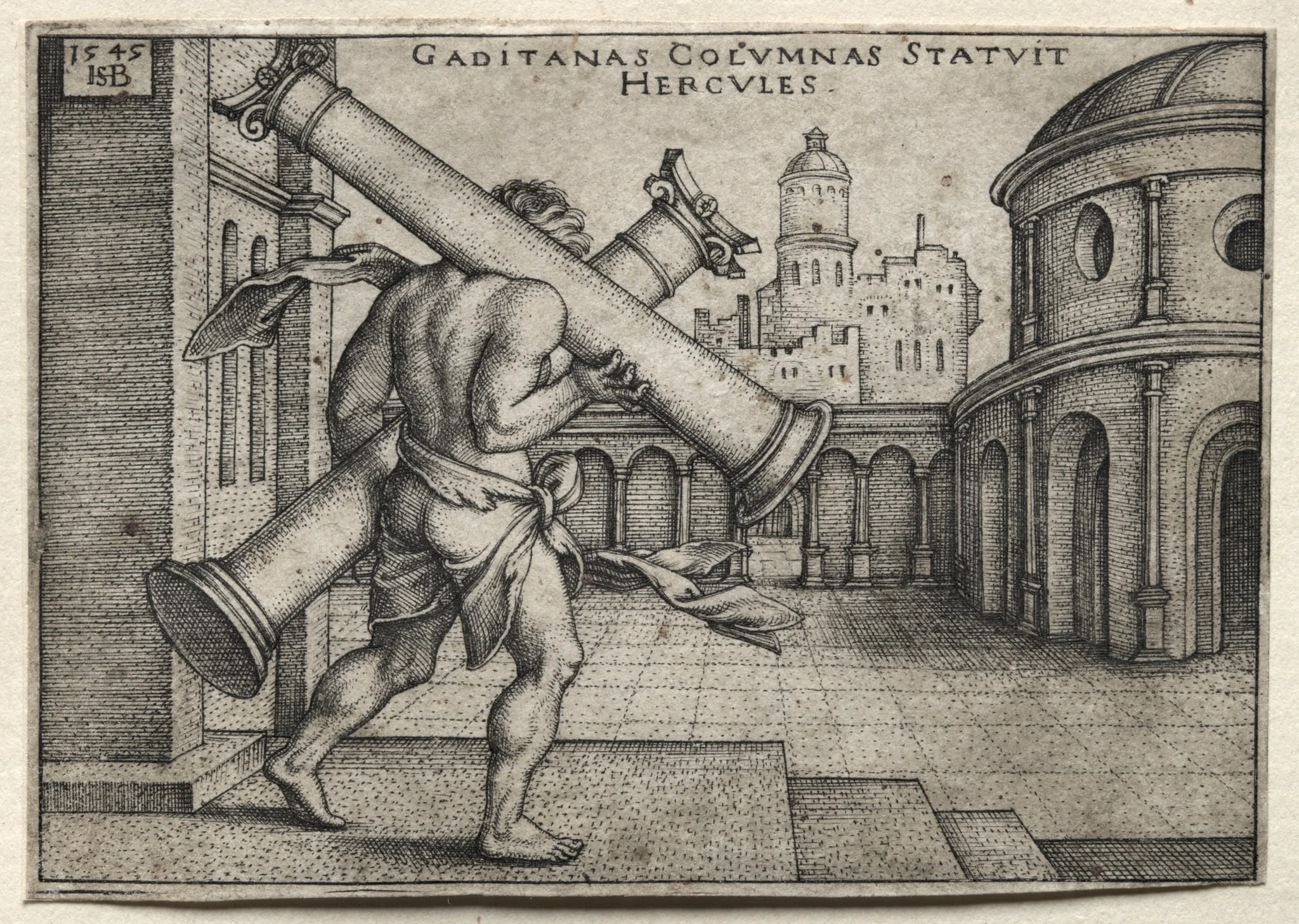 The Labors of Hercules:  Hercules Carrying the Columns of Gades, by Sebald Beham, 1545