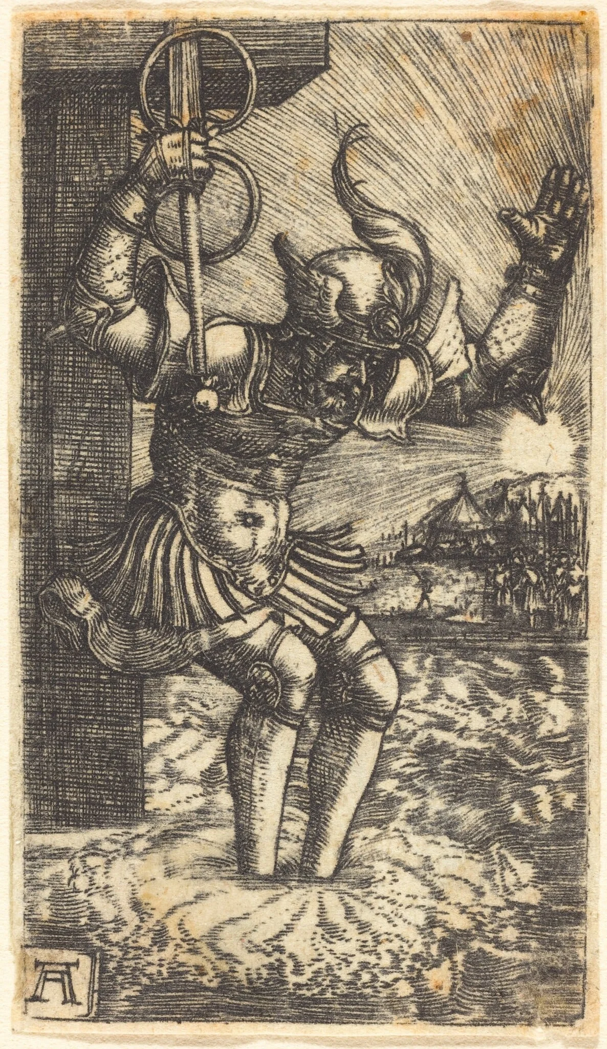 Horatius Cocles Leaping into the River Tiber, by Albrecht Altdorfer, ink, 1525