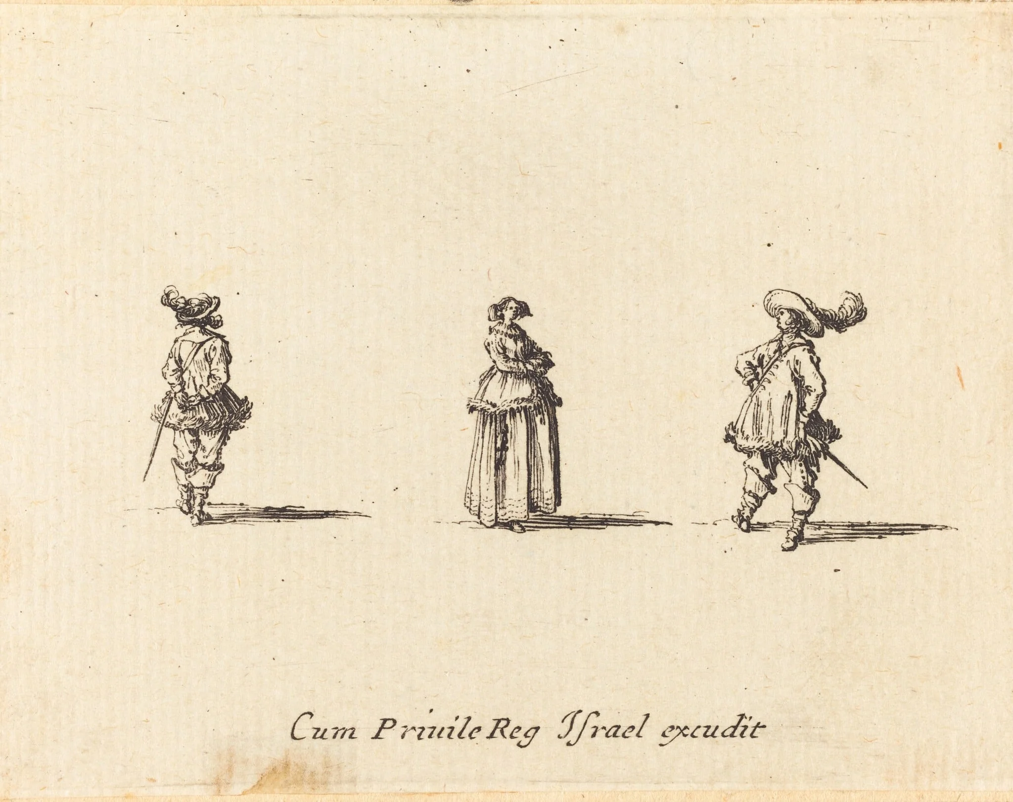 Lady with Arms Folded, and Two Gentlemen, by Jacques Callot, ink, 1634