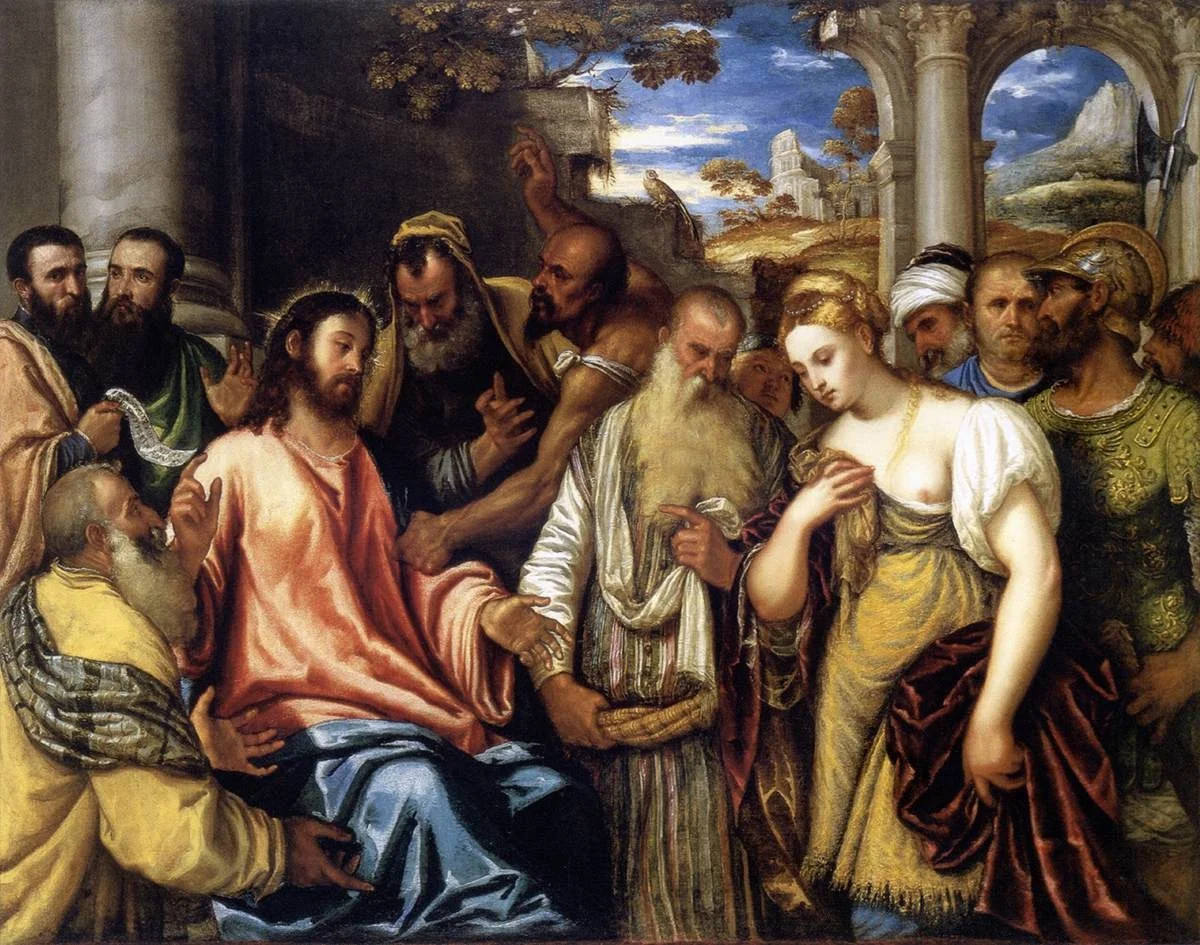 Christ and the Woman in Adultery, by Polidoro da Lanciano, oil, 1550