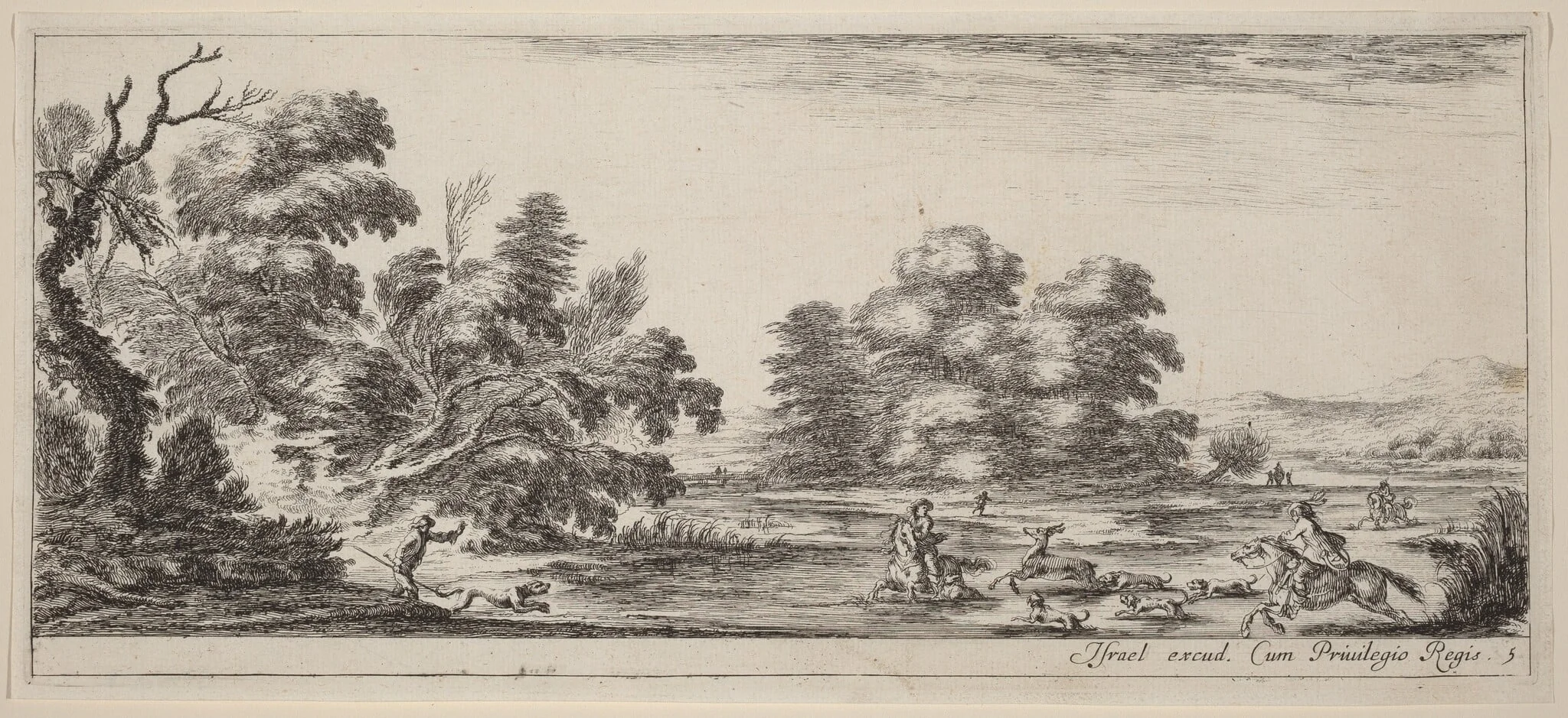 Landscape with Deer Hunt, by Stefano Della Bella, ink, 1647