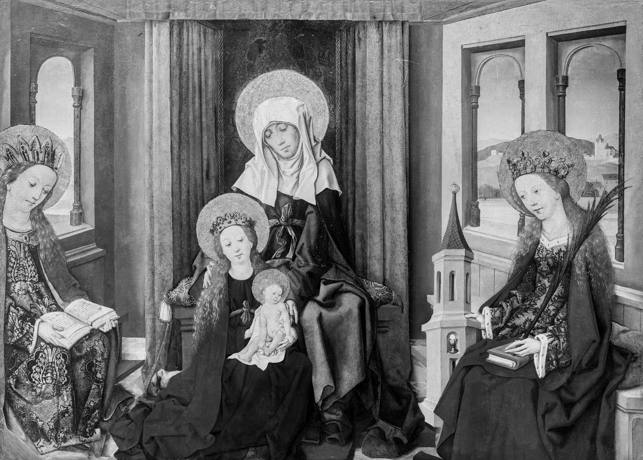 Saints Anna Selbdritt, Barbara and Katharina, by Master of the Housebook, paint, 1487