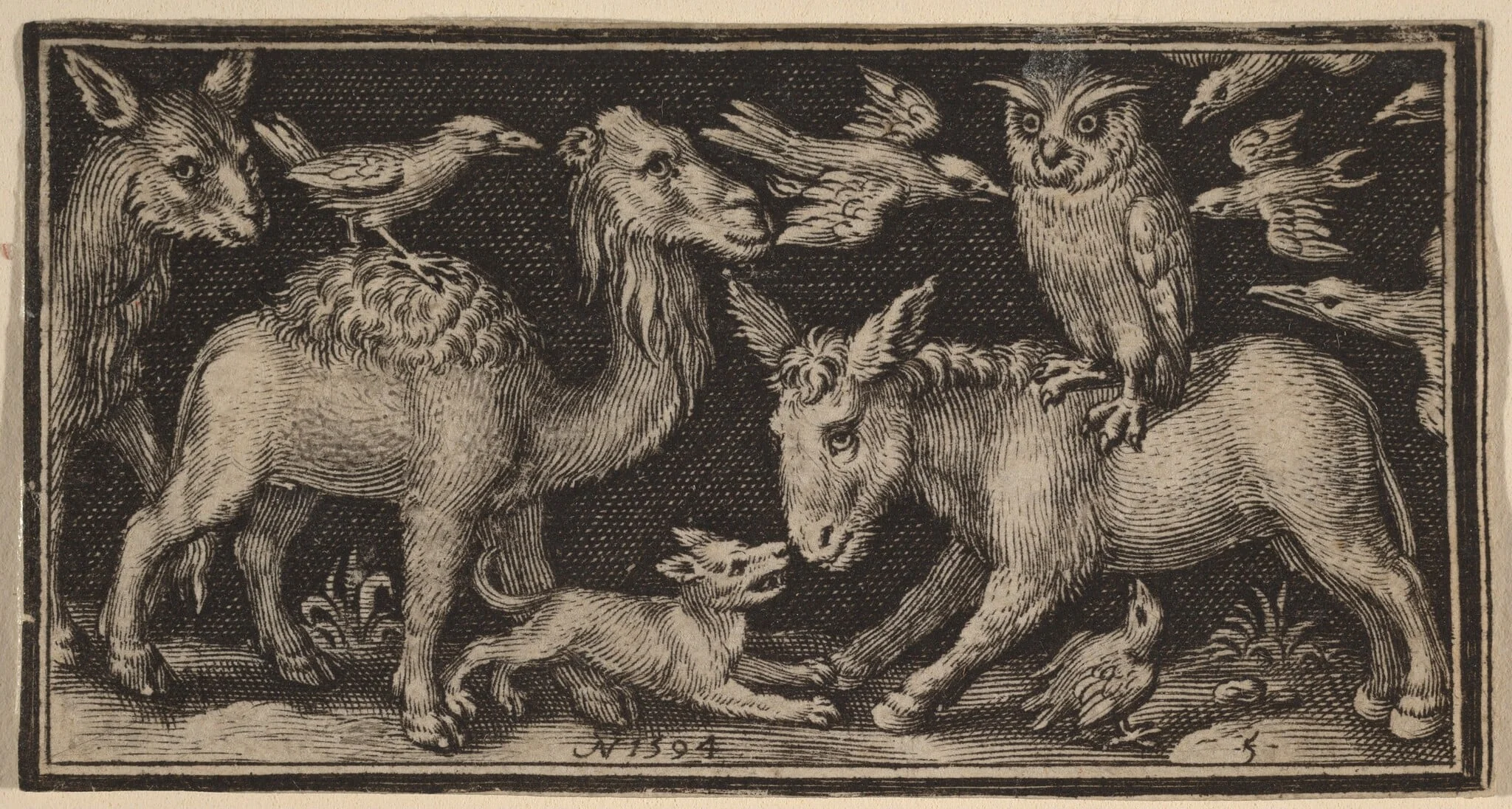 Owl on Back of Donkey, Bird on Back of Camel with Other Animals, by Nicolaes de Bruyn, ink, 1594