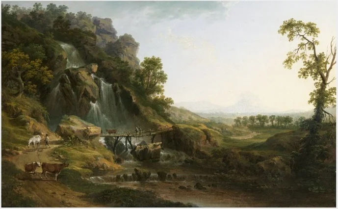 A Landscape with Travellers and Cattle Crossing a Bridge by a Waterfall, by Thomas Roberts, oil, 1903