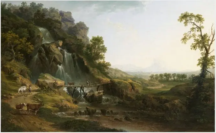 A Landscape with Travellers and Cattle Crossing a Bridge by a Waterfall