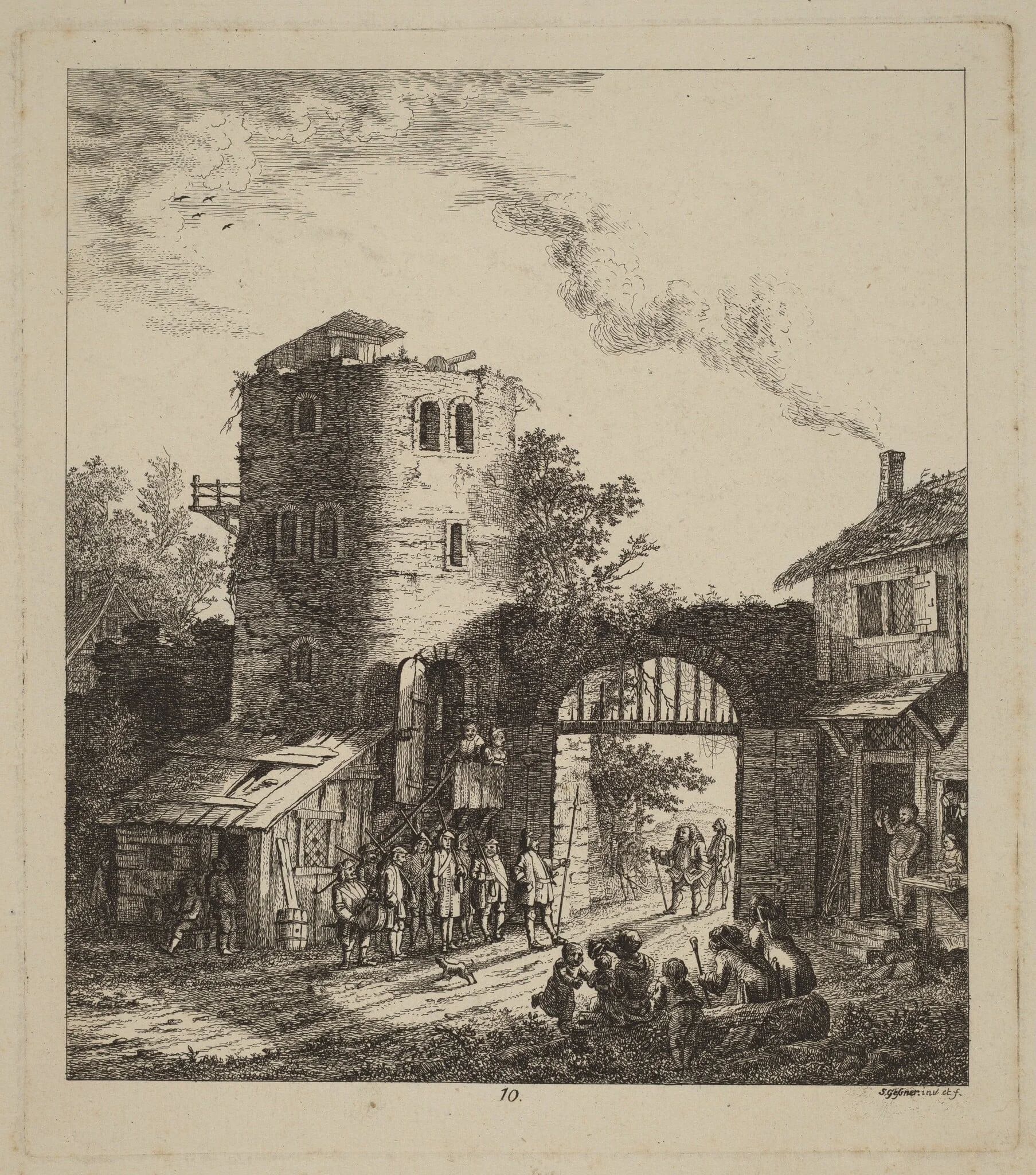 Villagers at a City Gate Greeting a Dignitary, by Salomon Gessner, ink, 1764